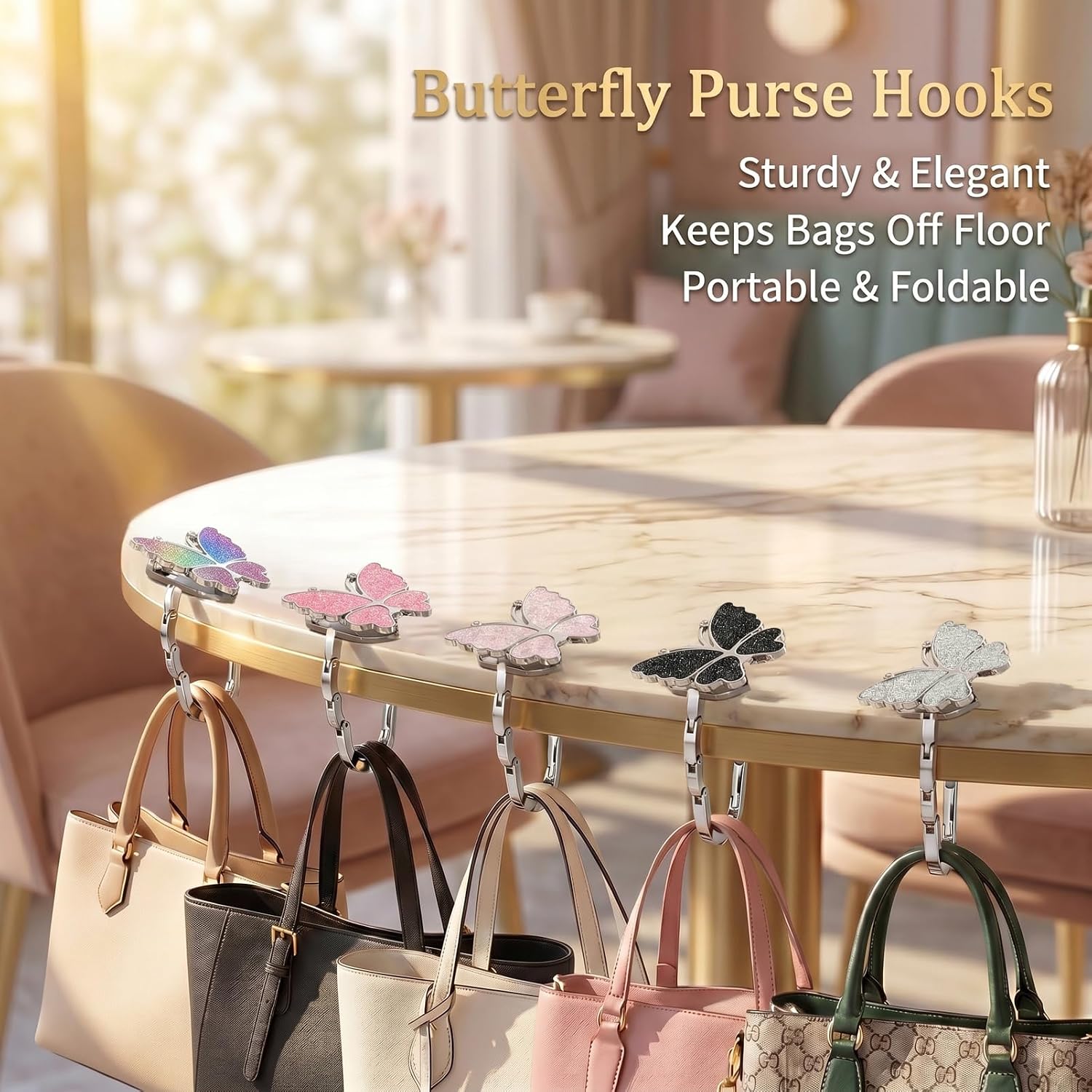 1-Pack Butterfly Purse Hanger for Table, Foldable Handbag Hook with Glitter Finish, Portable Bag Holder for Desk, Dining, Travel, Reliable Purse Stand(Black Glitter) image 3