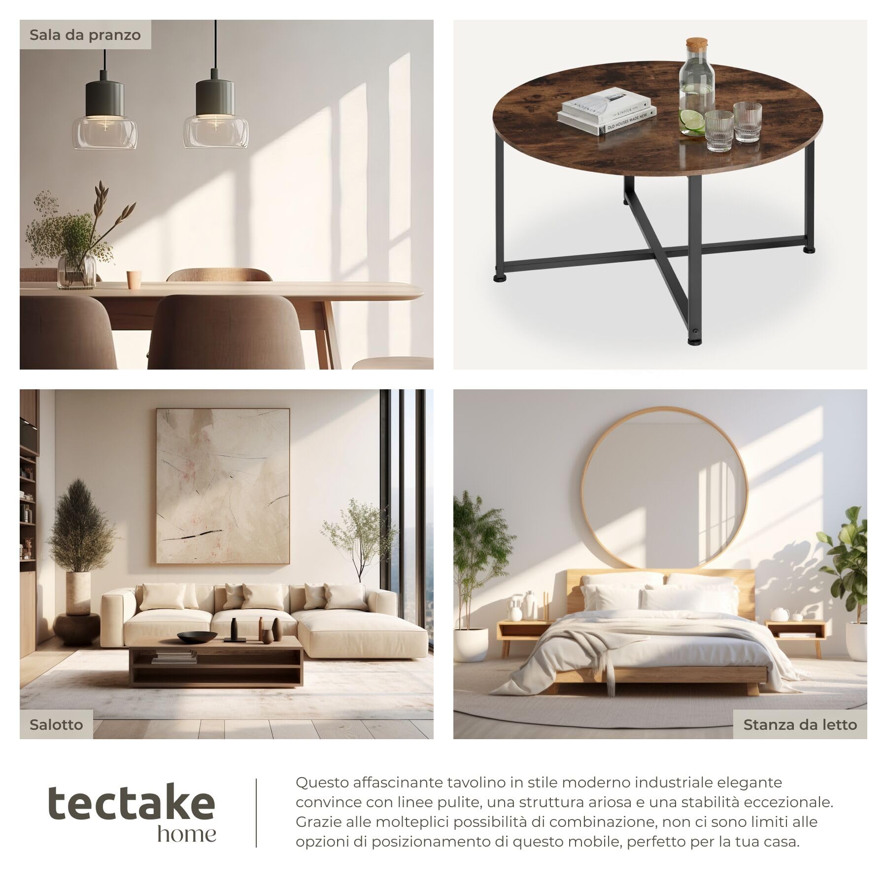 tectake® Tavolino Salotto 88,5x47cm, Tavolino Salotto o Divano, Tavolo Tondo, Design Moderno, Telaio in Acciaio, Piedini Regolabili, Ideale Soggiorno, Casa, Ufficio - Legno Industriale Scuro