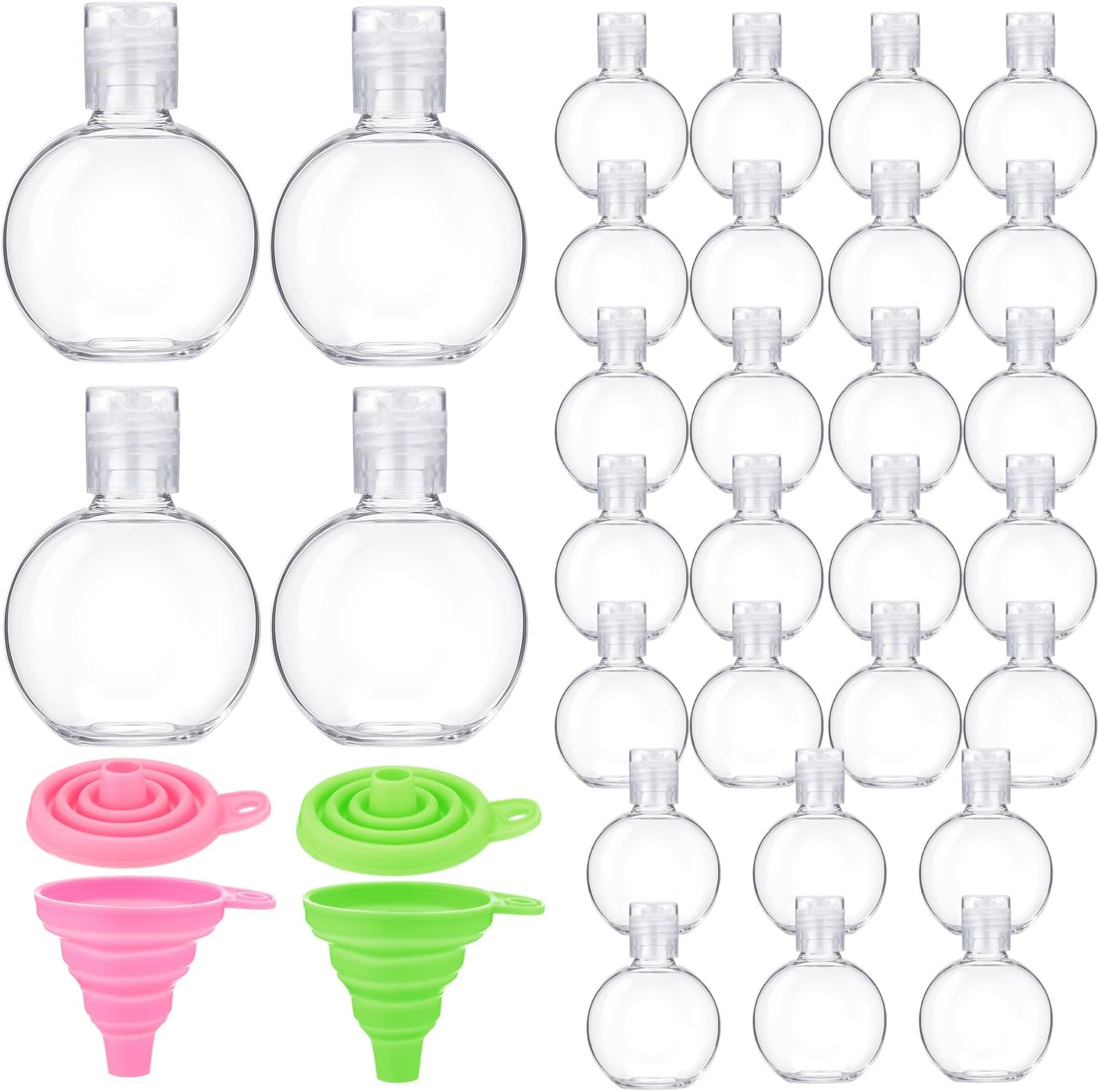Aurelema 30 Pcs 1 oz Round Sanitizer Bottle Circle Plastic Mini Clear Empty Hand Sanitizer Bottles with Foldable Funnels Portable Reusable Containers for Business Trip Outdoor Camping Shampoo Liquid