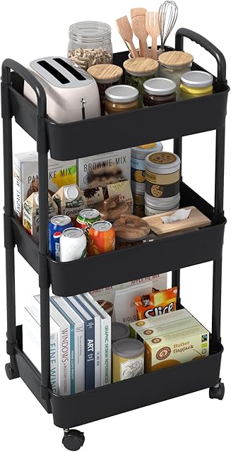 Sywhitta 3-tier Trolley on Wheels, Kitchen Storage Utility Cart, Rolling Storage Rack for Bedroom, Bathroom, Office, Black