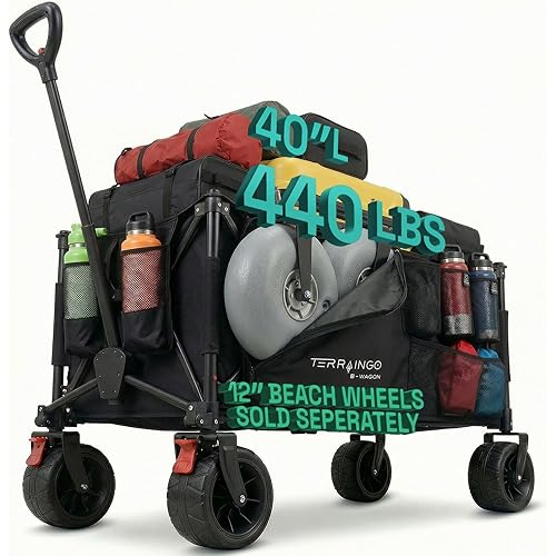 TerrainGO Collapsible Wagon Cart with Interchangeable All Terrain Wheels Patent Pending Foldable Beach Wagon Utility Cart - Camping Essentials with Storage Pockets, and Cup Holders, Max Load 440lbs