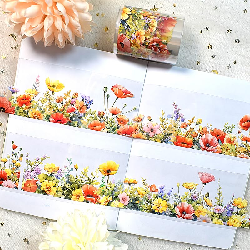 ZSALTT Light Retro Girls Wide washi Tape Floral PET red Rose Flower Tape for Landscaping DIY Collage Materials Single roll (90707)