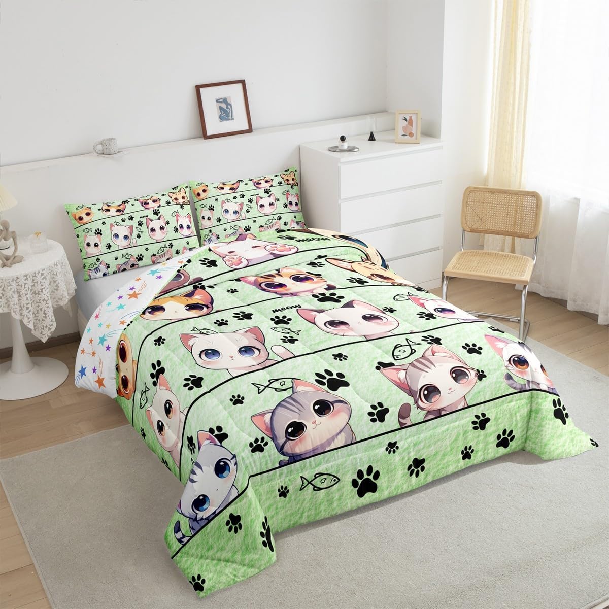 Cute Cat Bedding Set for Boys Girls,Cartoon Animas Light Green All Season Cozy Comforter Set Full Size,Cat Kitten Kitty Pet Lover Duvet Set Bedroom Decor,Personalized Birthday Gifts