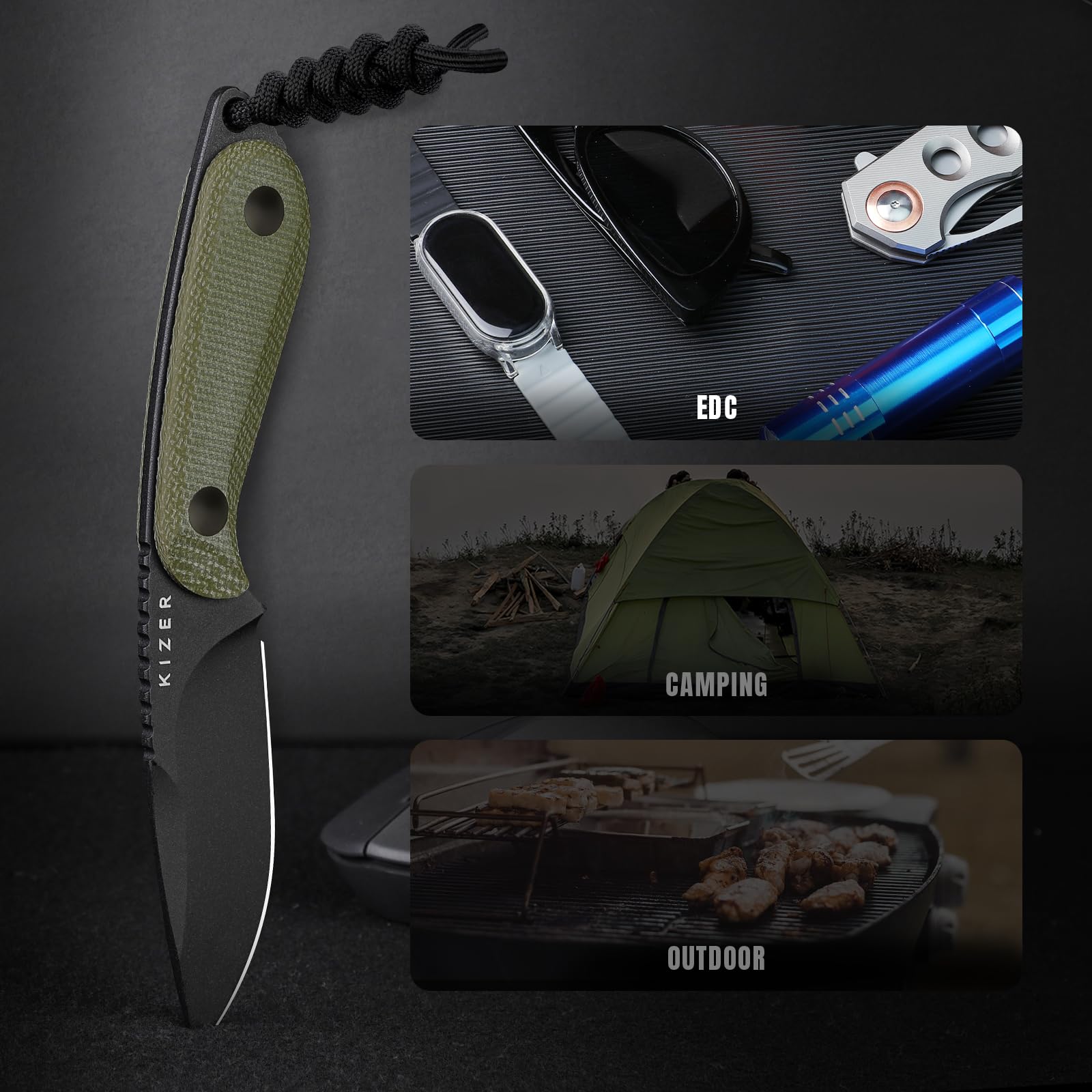 Kizer BUDDY Cuchillo de Hoja Fija, Cuchillo de Camping de Acero D2 de 3" con Mango de Micarta Verde Oliva, Cuchillos Compactos EDC de Hoja Fija con Funda para Senderismo y Camping 1081M1