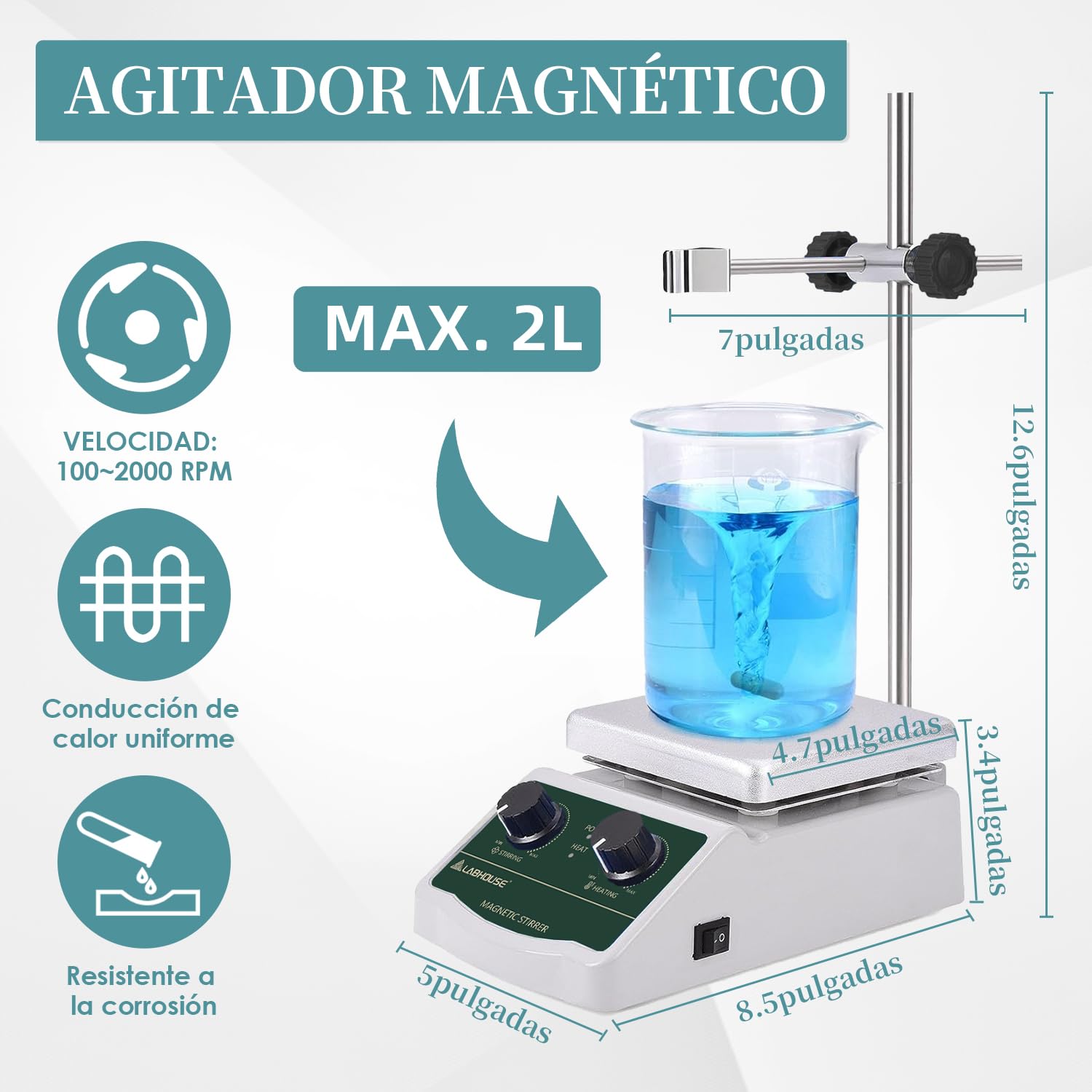 LHS-2 Agitador Magnético Placa Calefactora, 300°C/572°F, 2000RPM | Placa hasta 300°C, 2L, 4 barras PTFE y recuperador, soporte, variable, para calentamiento y mezcla en laboratorio