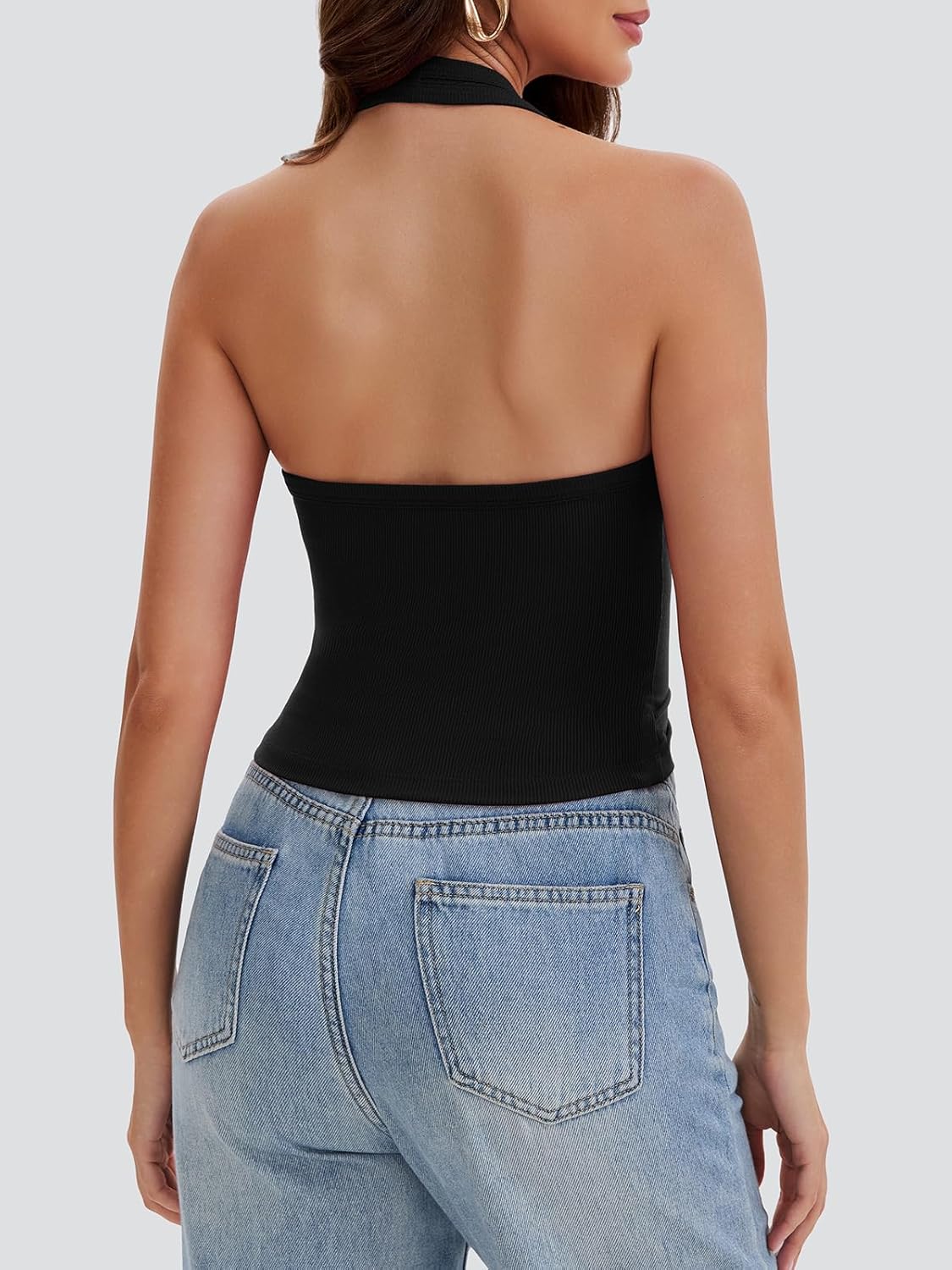 Women's Halter Tank Top Ribbed Button Down V Neck Backless Slim Fit Vest Shirts Sexy Crop Going Out Tops - Image 4