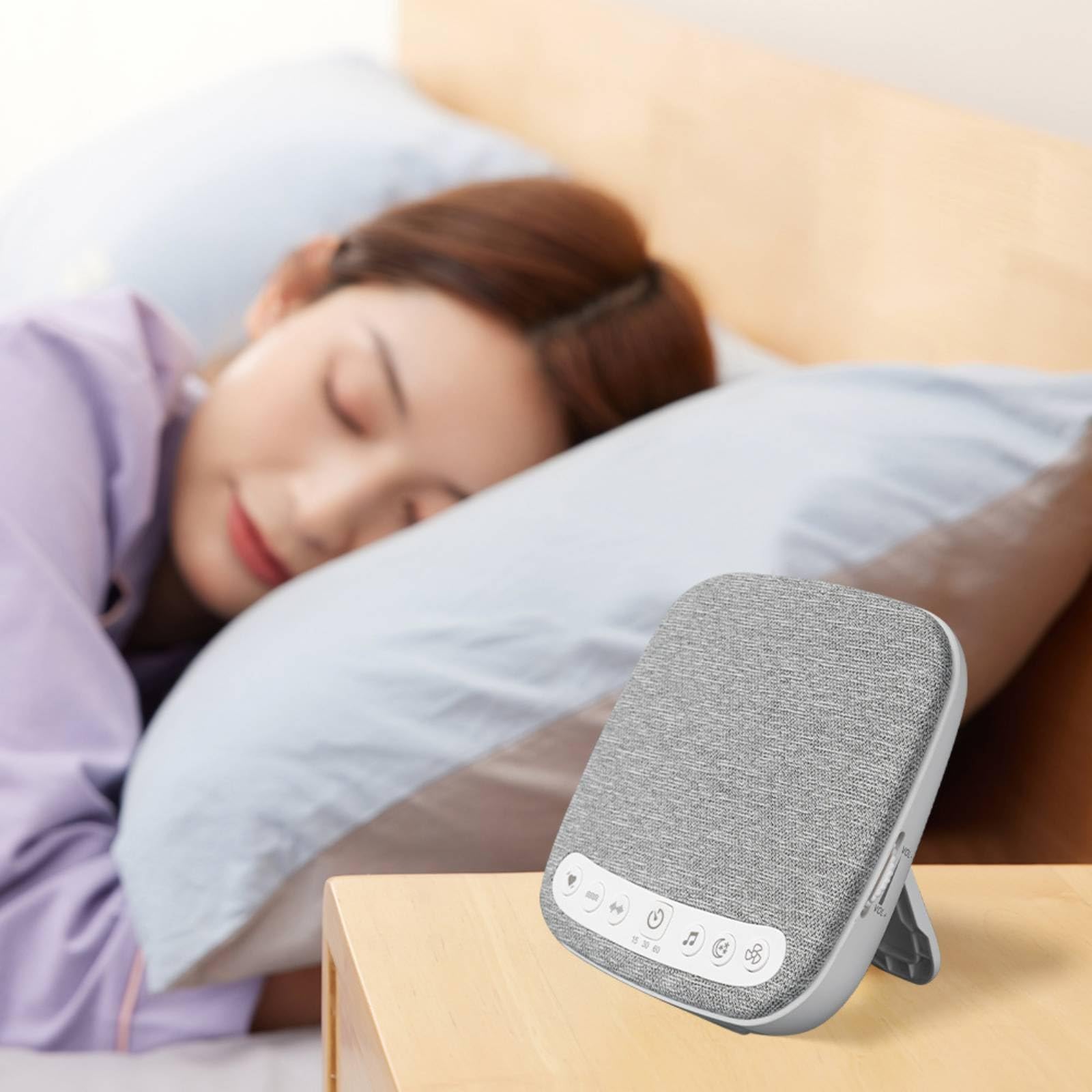 Amagogo Sleep Aid Machine de Sommeil Appareil Générateur Sonore Aide au Sommeil Design Tissu Tissé Gris Corps Blanc Moderne Convient à Décor de Chambre Hôtel Hébergement