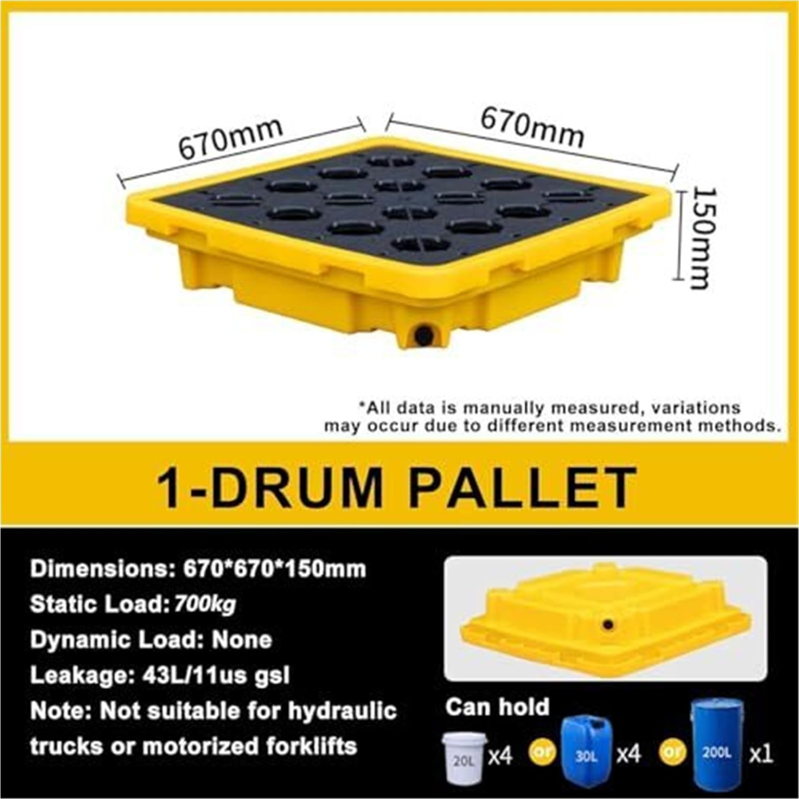 Piattaforma di Contenimento Modulare con Scarico, Pallet Anti-Perdita in Polietilene con Sedi per Carrelli Elevatori per Barili Chimici, Vasca di Raccolta per Automotive(67 * 67 * 15cm)