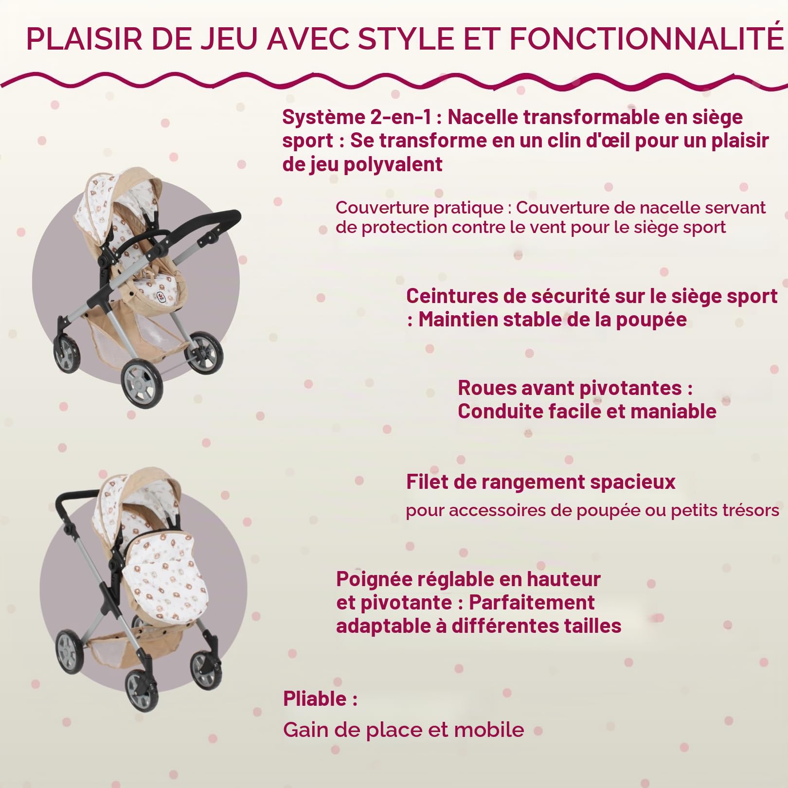 Bayer Chic 2000 Poussette combinée pour poupée Mila | 2 en 1 | Ours Beige | Poussette polyvalente 2 en 1 avec siège sport réversible, nacelle et roues pivotantes. Hauteur réglable (39-72 cm).