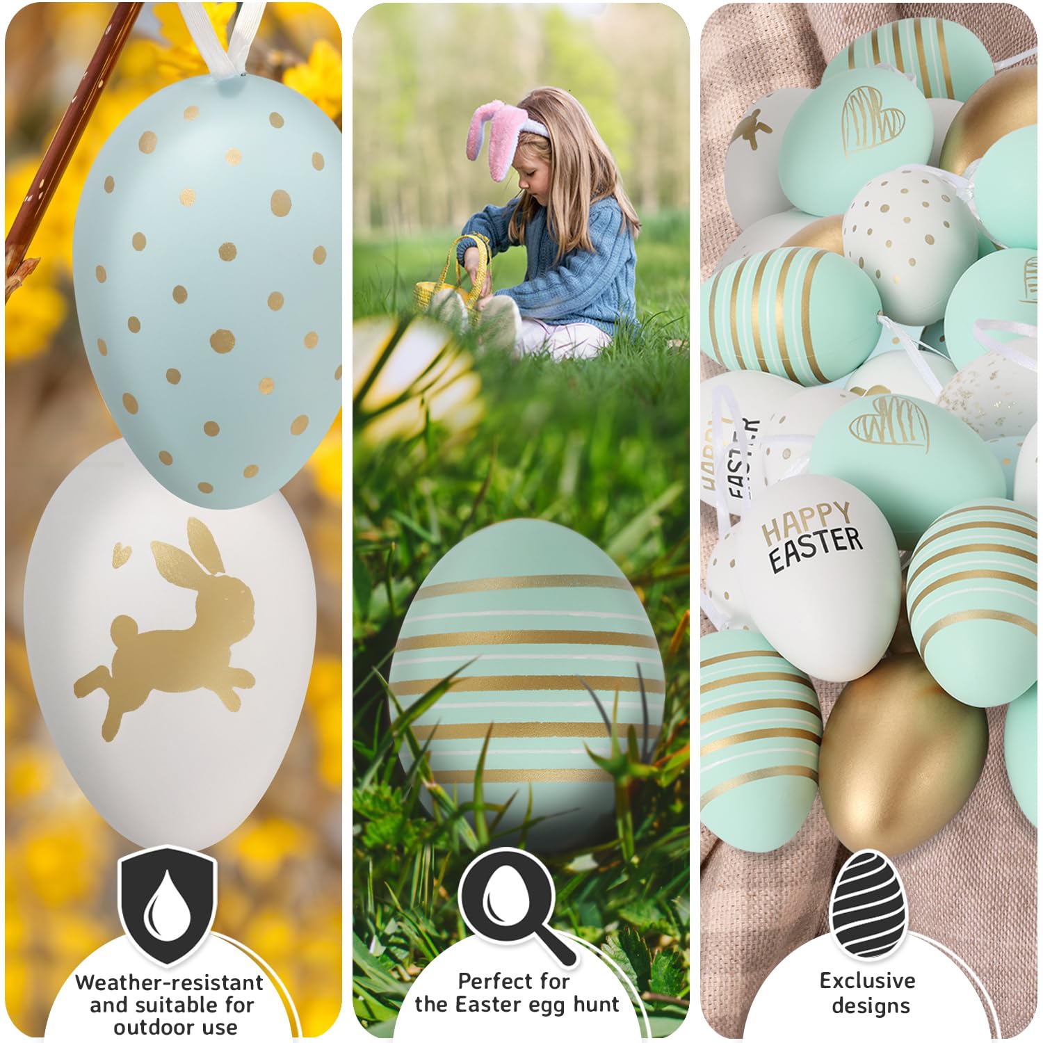 Festicy Jajka wielkanocne, 24 sztuki, dekoracja wielkanocna 2025 (biała, zielona, złota), 8 wzorów, zajączki, napis Happy Easter, jajka wielkanocne do zawieszenia na zewnątrz, plastikowe jajka