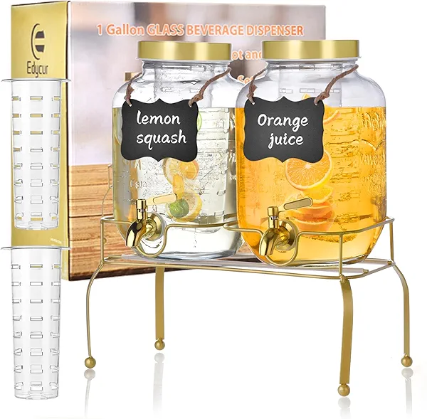1 Gallon Glass Drink Dispenser Set of 2 – Drink Dispensers for Parties, Beverage Dispenser with Stand & 100% Leakproof Spigot, Ideal for Lemonade, Juice, Iced Tea, Laundry Detergent Dispenser
