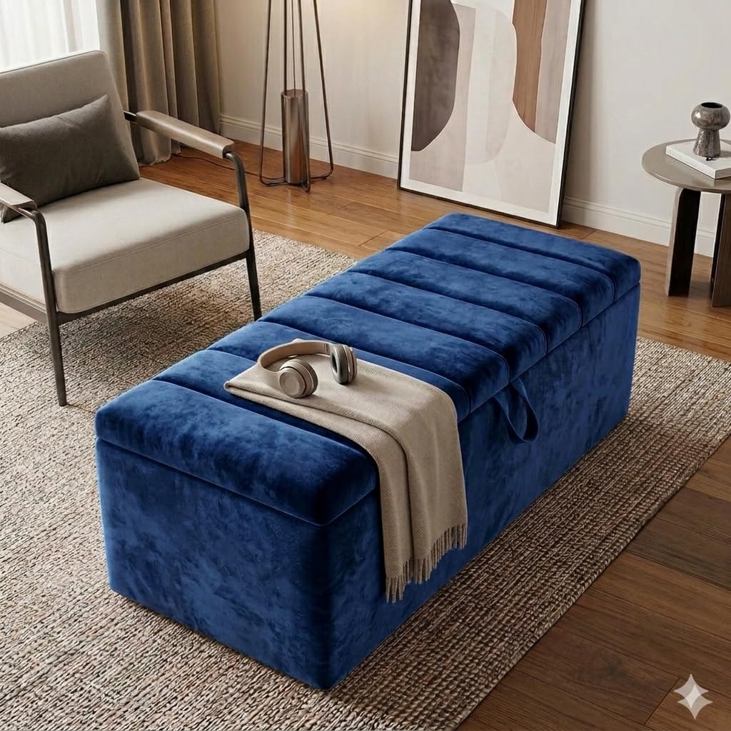 luxisleepltd Clarance Plush Velvet Ottoman Storage Box, Upholstered Seating Bench with Hidden Storage, Bedroom Footstool, Multiple Sizes 3ft,4ft6,5ft,6ft (Blue, 4ft6 Double)