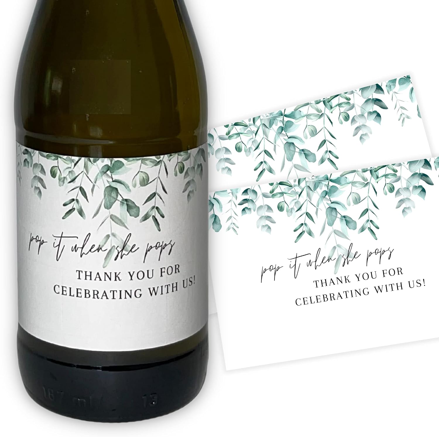 Pop It When She Pops Mini Bottle Stickers | 12 Count | 2”x 3” Size | Champagne Bottle Stickers | Baby Shower Party Favors | White with Greenery Design