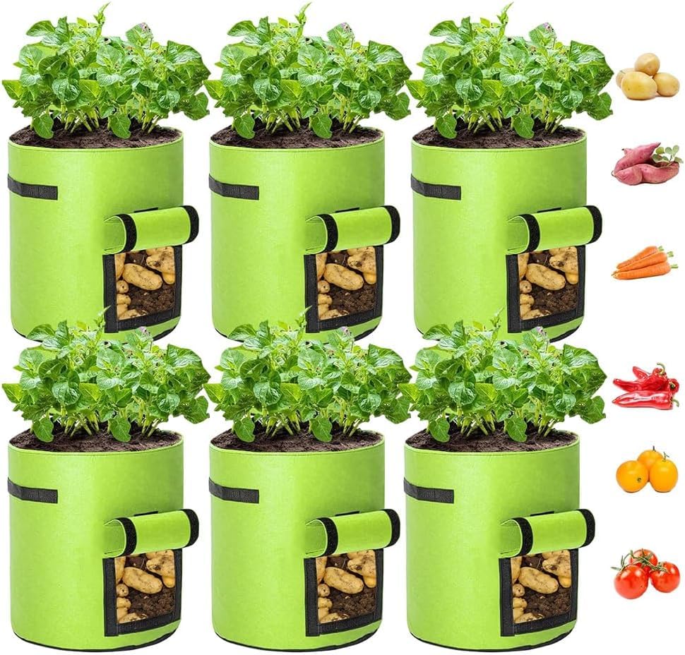 Airsnigi 15 Gallon Potato Grow Bags,6 Pack Plant Growing Bags Breathable Garden Growing Bag Planting Tomatoes, Vegetables, Strawberry with Window Flap and Handles,Green