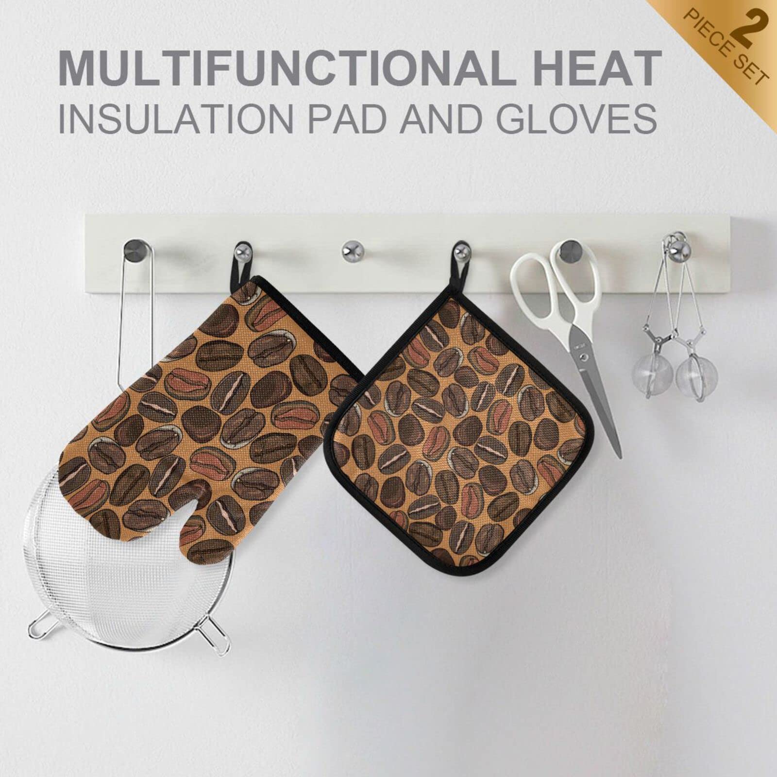 Ofenhandschuhe & Topflappen Set – Kaffeebohnen-Muster, Hitzebeständig Bis 180°C, Wasserdicht