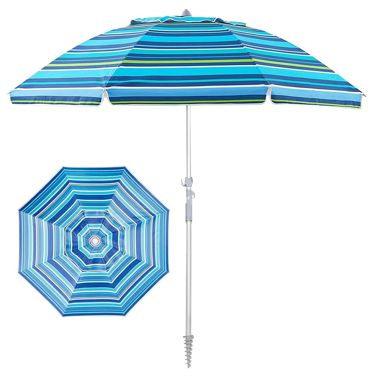Ombrellone da spiaggia portatile a righe con ancoraggio per la sabbia, per esterni, patio, antivento, antipioggia, UPF50+, palo in alluminio resistente, ombrellone da giardino