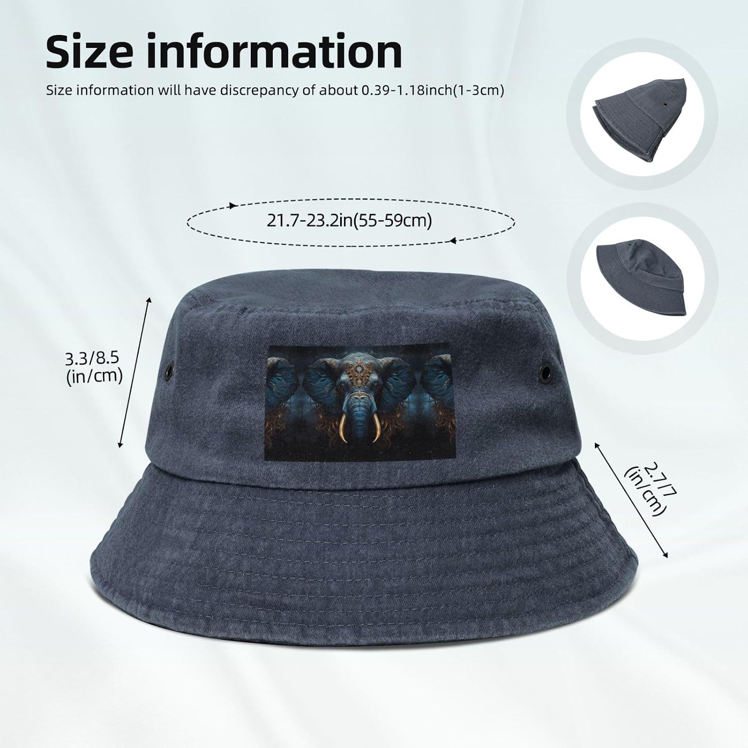 Eerie Elephant Printed Cowboy Fisherman hat, Suitable for Outdoor Fishing Beach Party Fisherman hat Hip-hop hat, Navy Blue