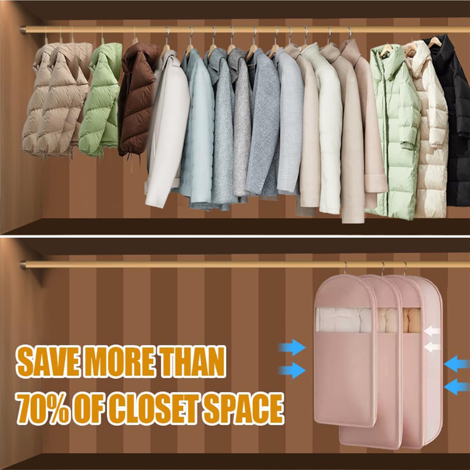 Borsa salvaspazio da appendere, con cerniera autocompressiva, protezione salvaspazio per piumino, cappotto, copertura antipolvere a compressione per armadio (beige, 3 pezzi (M+L+XL))
