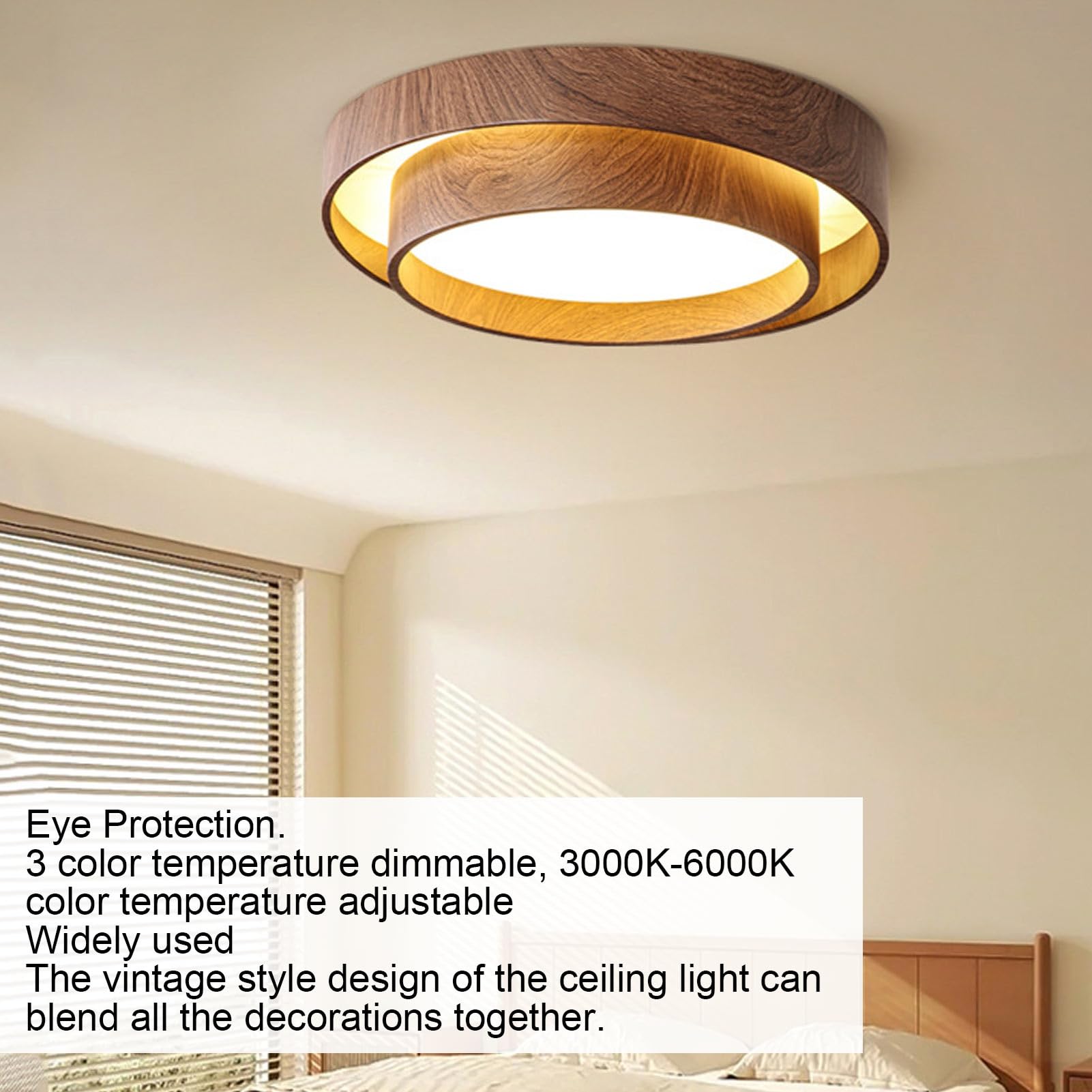 Cryfokt Oprawa Sufitowa LED Stylowa, Słojowana Drewno Orzechowe, Okrągła, 3-kolorowe, Zmienne światło do Salonu, Sypialni, żelaza, Komputera (30cm) (30cm)