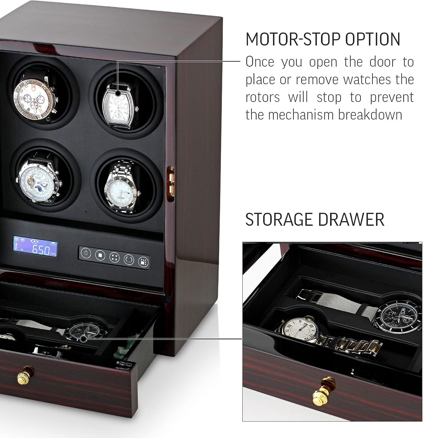 Automatic Watch Winder with LED Light, Storage Drawer and LCD Touchscreen Control