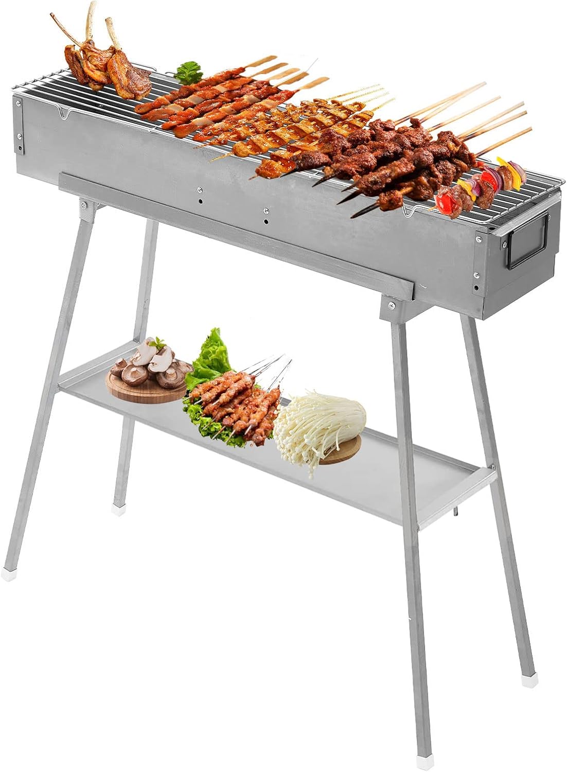 Portable Charcoal Grill - Stainless Steel BBQ Grill with Foldable Stand Adjustable Air Vents, Lamb Skewer Camping Barbecue Grill, Ideal for Outdoor BBQ, Picnic, Camping Backyard Party (31.6x7.1inch)