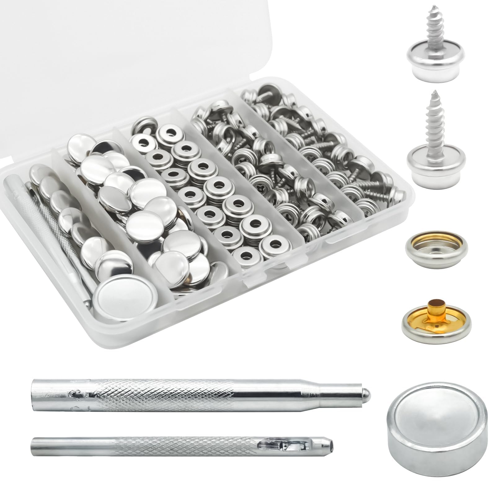 Excefore Canvas Snap Kit, Heavy Duty Snap Fastener Kit, Stainless Steel Snap Button Kit, 20 Sets 10mm Snaps and 20 Sets 15mm Snaps, Suitable for Boat Cover, Tarps, Canvas, Leather