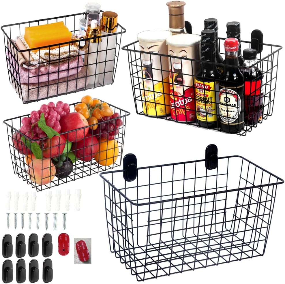 4 Pack【Extra Large】Hanging Kitchen Basket,Wire Storage Basket,with Traceless Tape and 3M High-Strength Plastic Hooks,no Drilling,for Cabinet Storage,Kitchen,Bathroom,Storage Room,large capacity