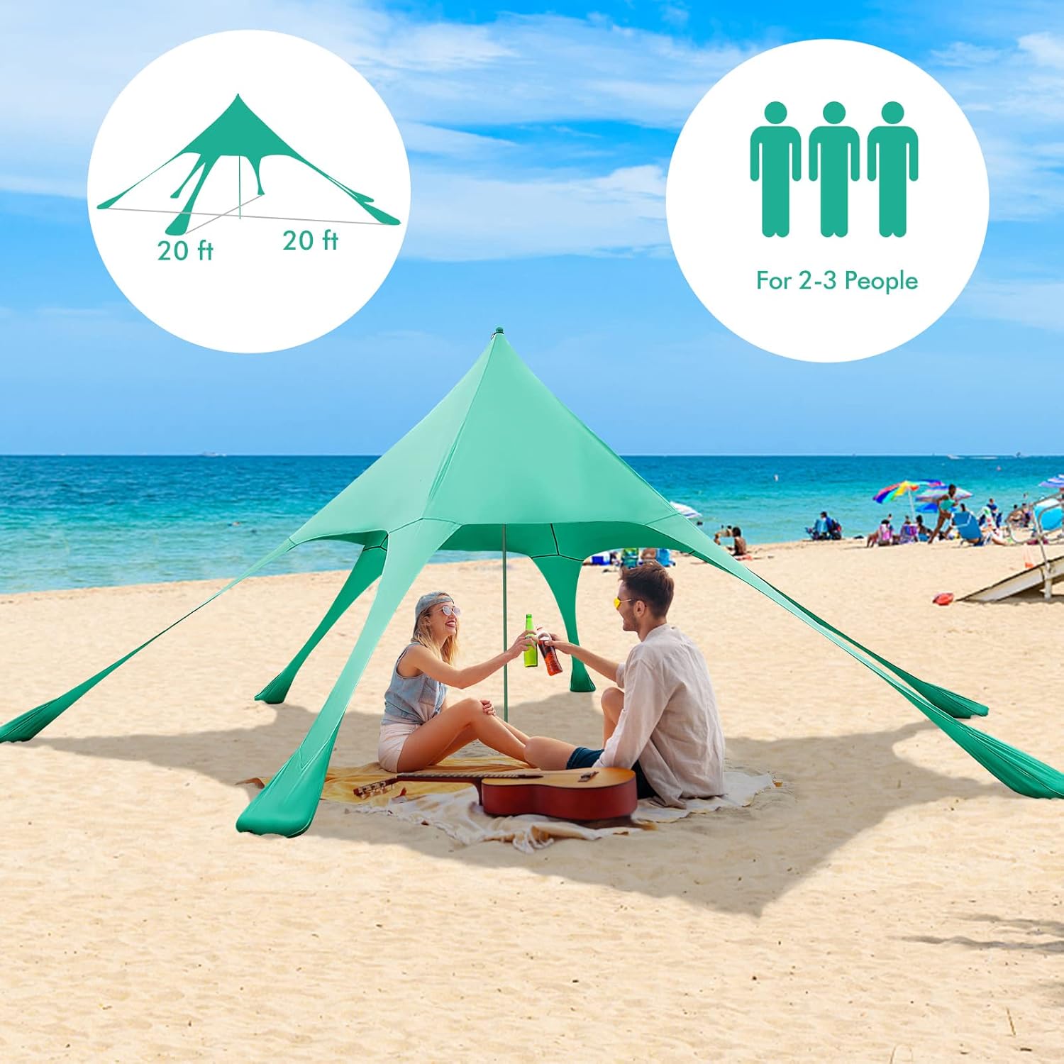 HAPPYGRILL Beach Canopy Sun Shelter with Aluminum Pole, 20 FT x 20 FT, UPF 50+ Pop Up Tent with Sandbag, Tent Pegs, Sand Shovel, Carry Bag, Portable Outdoor Sunshade for Camping Sport Events Picnic