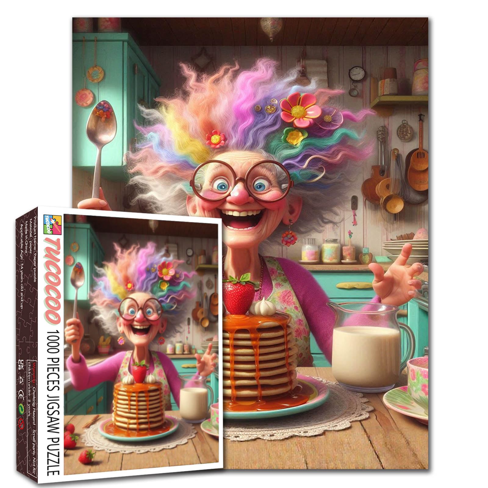 Funny Grandma Pancake Jigsaw Puzzles 1000 Pieces Rainbow Hair Elderly Lady Art Jigsaw Puzzles for Challenging Family Games Kitchen DIY Handwork Puzzle for Home Wall Decor Gifts 20x27 Inches — image 1