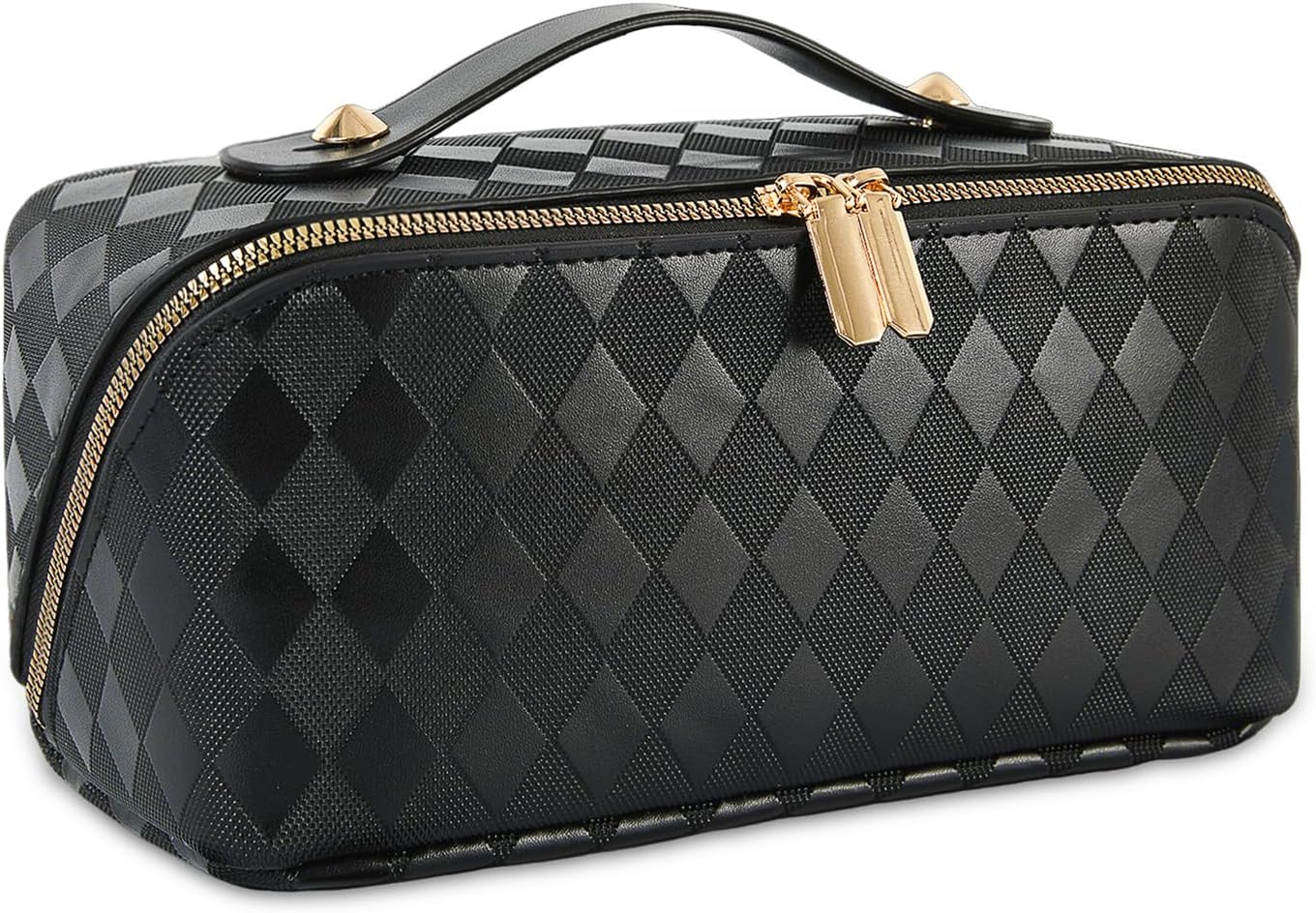 Travel Makeup Bag Large Capacity Cosmetic Bags for Women, Waterproof Toiletry Bag Open Flat Makeup Bag with Compartments and Handle, Portable Cosmetic Organizer Pouch, Diamond Black