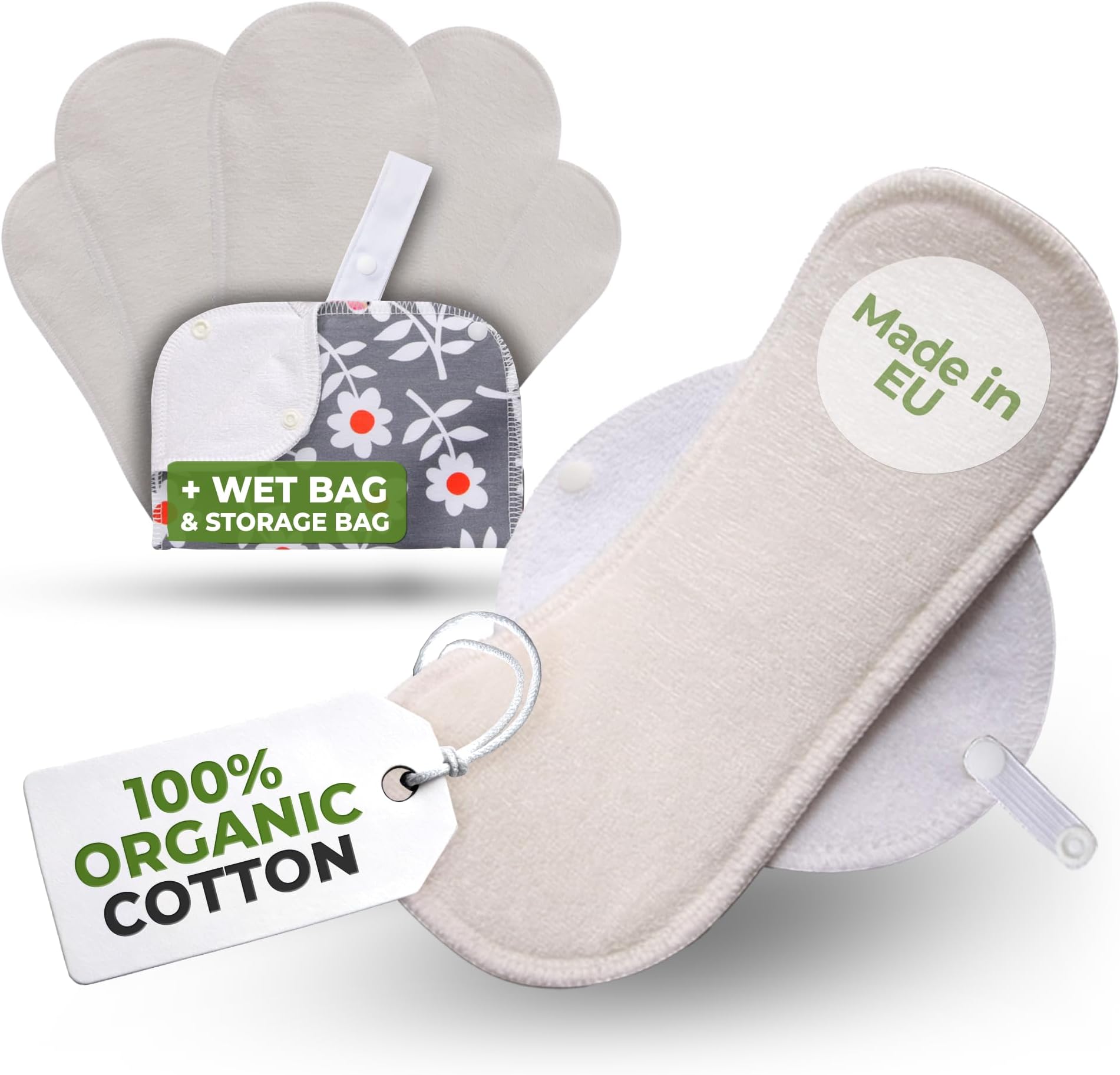 Made in EU – Reusable Sanitary Pads for Light Flow (6 Pack, S+M) – High-Temp Washable, Ultra-Soft Cloth Period Pads for Women & Teens – Skin-Friendly Organic Viscose & Secure-Fit for Menstrual Comfort