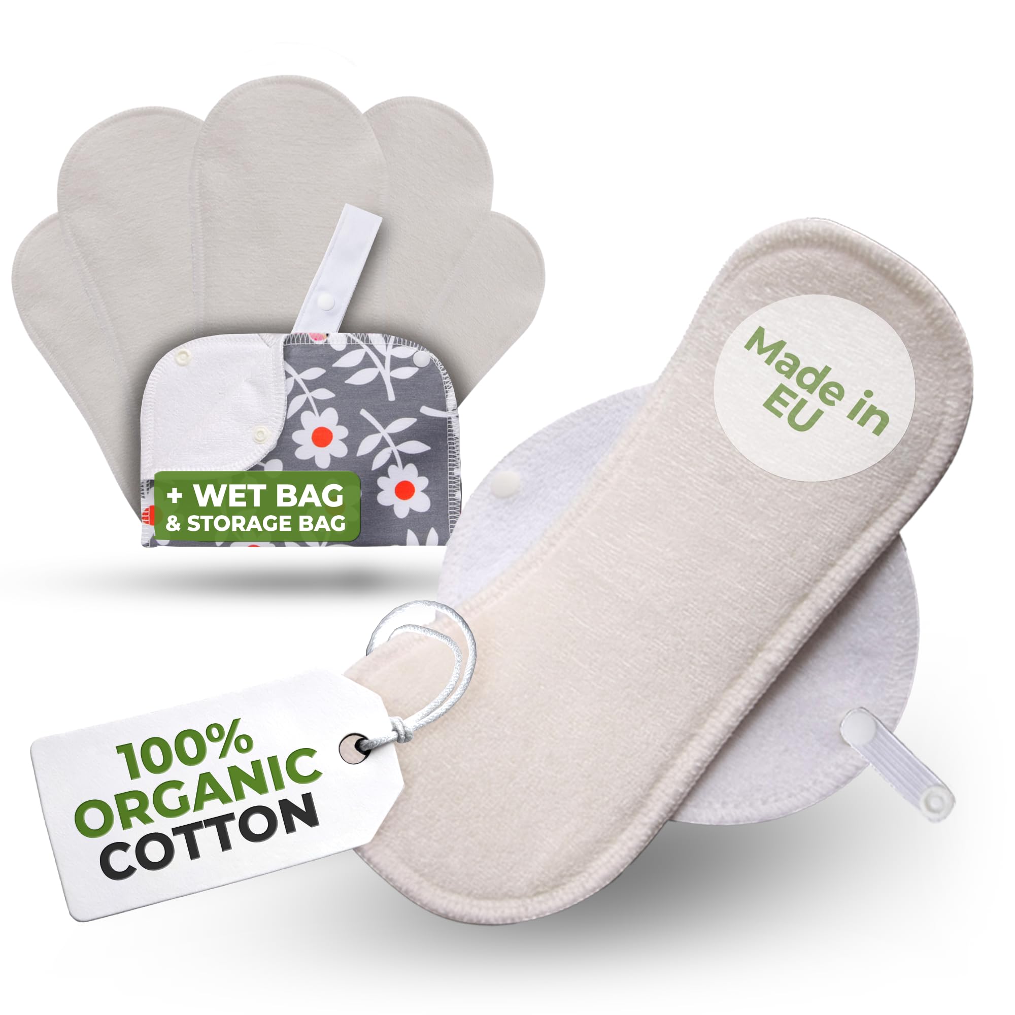 Made in EU – Reusable Sanitary Pads for Light Flow (6 Pack, S+M) – High-Temp Washable, Ultra-Soft Cloth Period Pads for Women & Teens – Skin-Friendly Organic Viscose & Secure-Fit for Menstrual Comfort