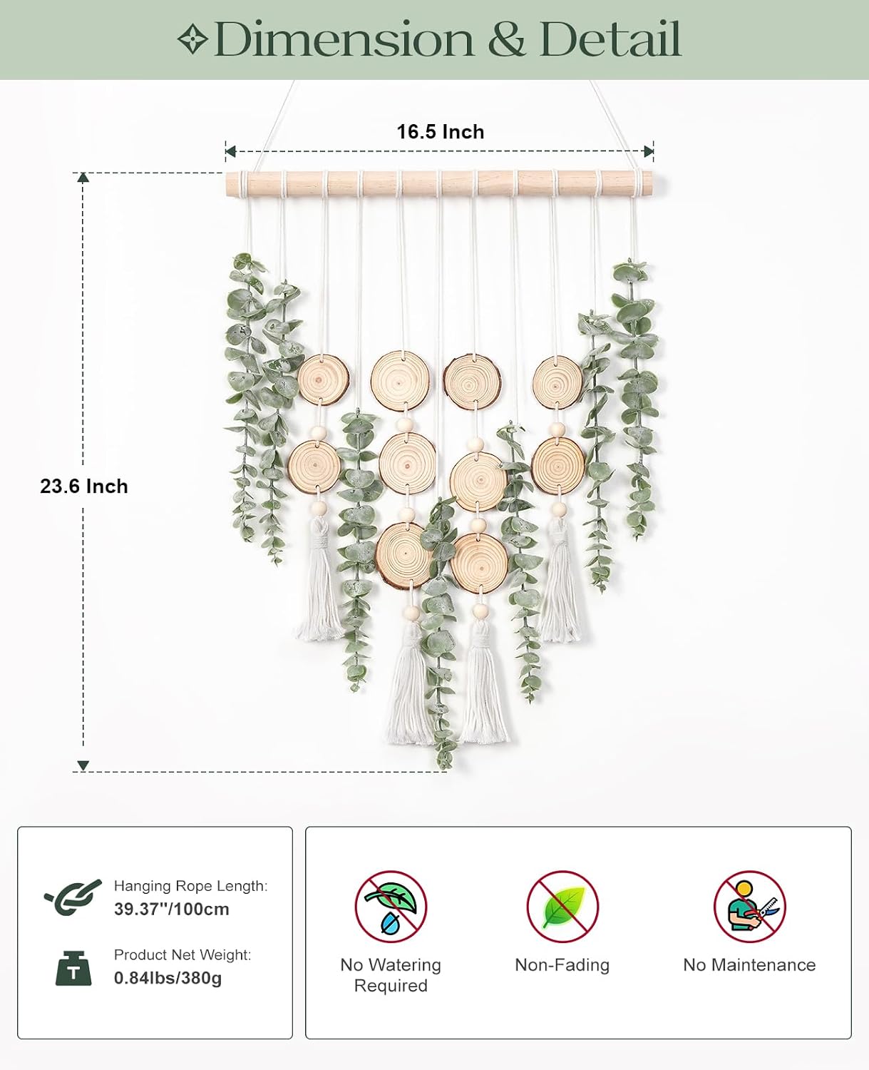 Artificial Eucalyptus Wall Hanging, Fake Greenery Leaves Stems with Wood Slices Wall Hanging Plants on Wooden Stick, Boho Wall Art Decorative for Bathroom, Living Room, Bedroom, Dining Room