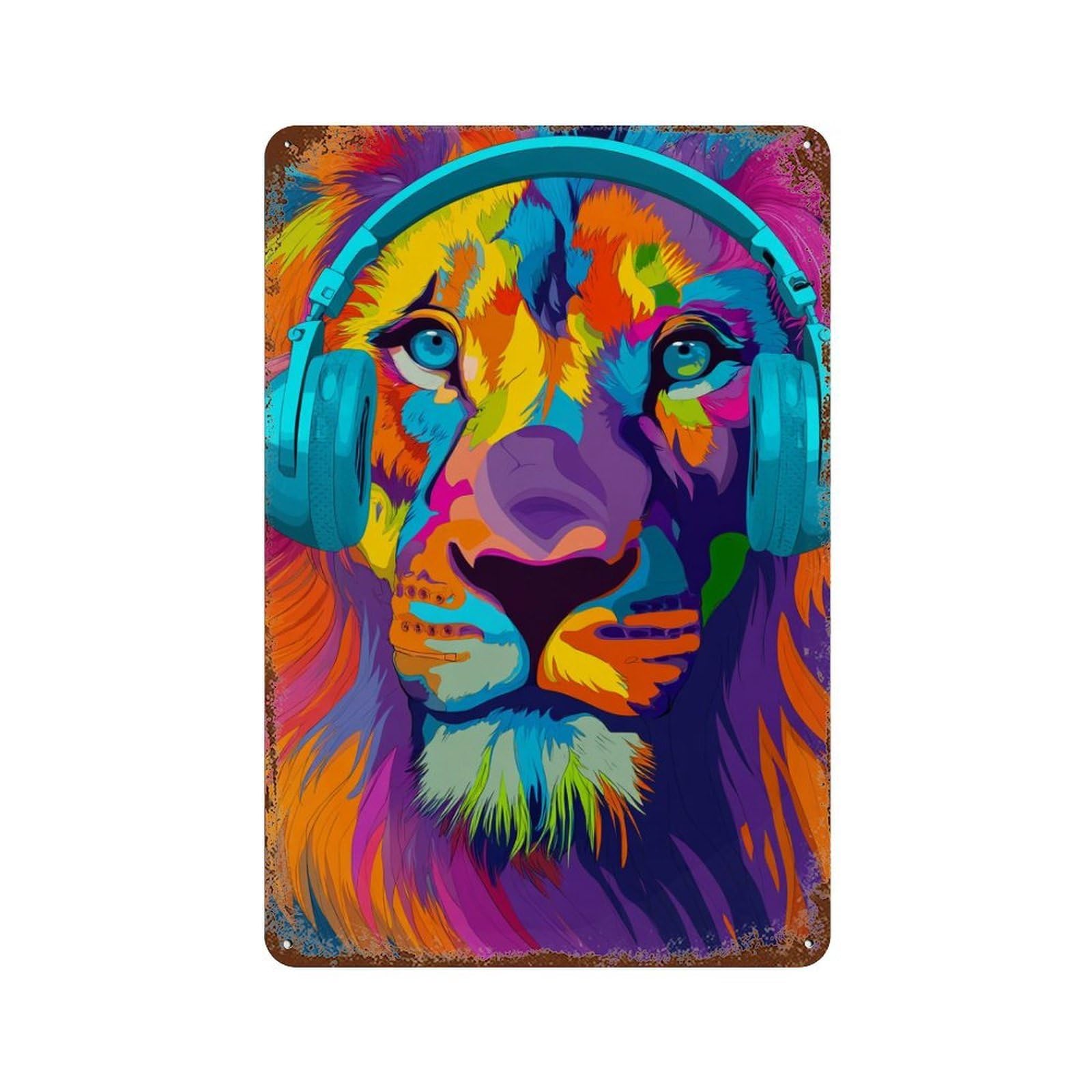 Colorful Lion Headphones Art 11.8"x7.9" Distressed Metal Wall Sign, Retro Wall Decor for Garage, Bar And Workshop Decor
