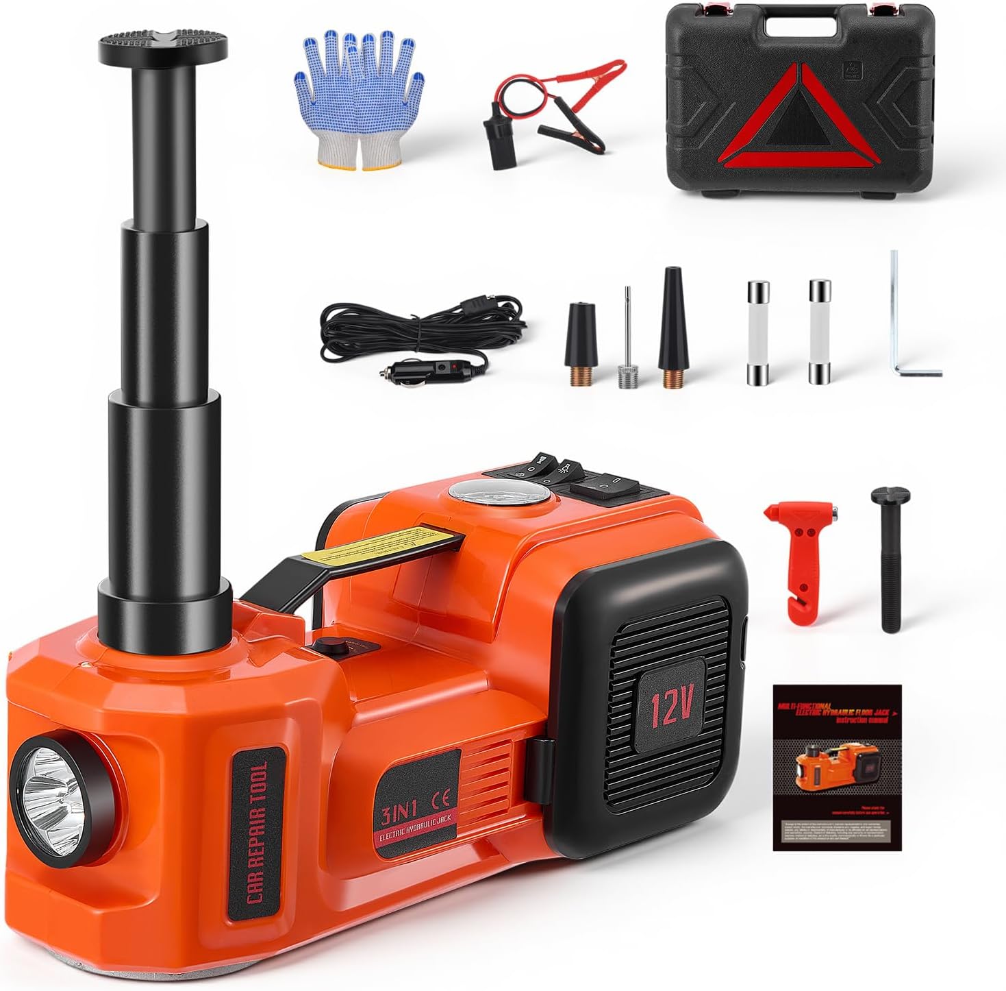 Elektrischer Hydraulik Wagenheber 5T, 150–530mm Hubhöhe, 12V 180W Auto Hebebühne mit Luftpumpe &amp; LED Licht, für Reifenwechsel, SUV Limousine Kombi
