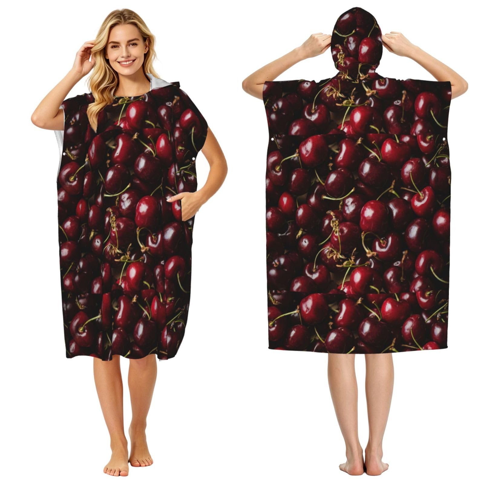 Poadnly Red Cherry, Adult Hooded Beach Towel 90 x 110 cm,Changing Bath Robe, Surf Poncho Towel For Women Men