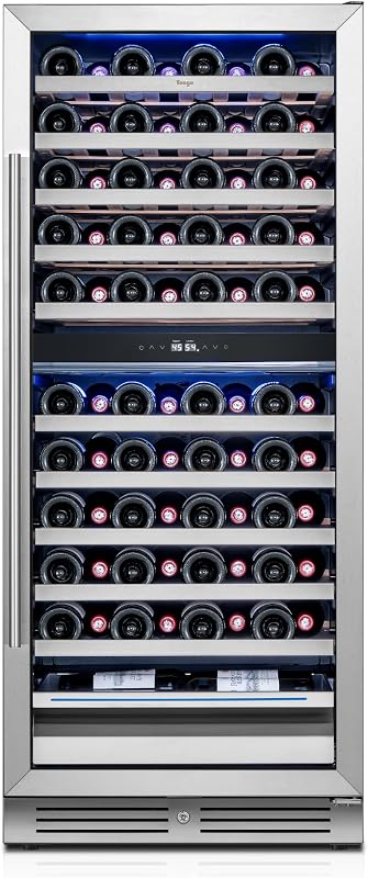Yeego 24 Inch Wine Fridge, 89 Bottle Dual Zone Wine Cooler, Energy Star | 40-65°F Wine Refrigerator with Lockable Glass Door, Right-Hinged, Temp Memory, Blue and White LED | Built-In or Freestanding
