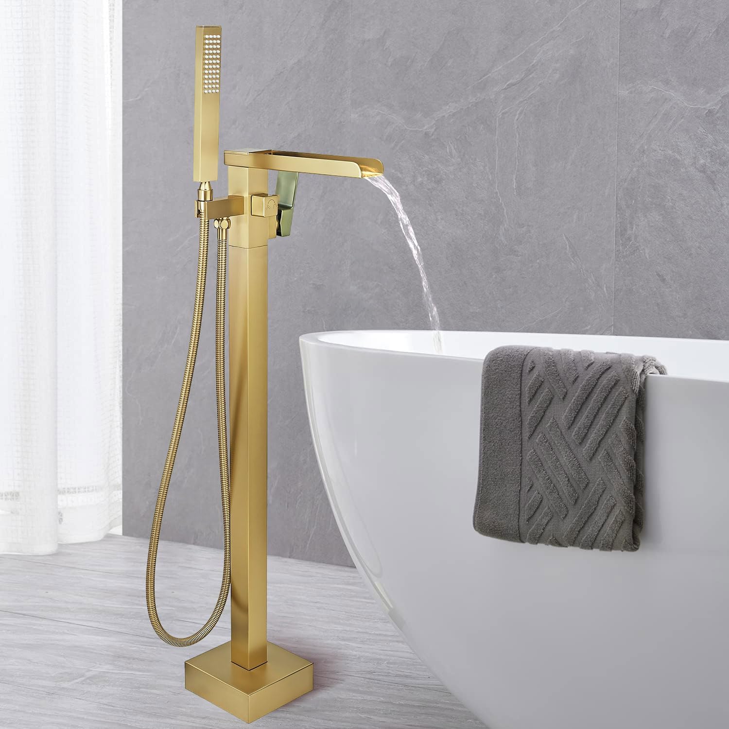 Free Standing Tub Faucet Brushed Gold, Floor Mount Freestanding Tub Faucets, Brass Stand Alone Tub Filler, Waterfall High Flow Bathtub Shower Mixer Tap - Image 3