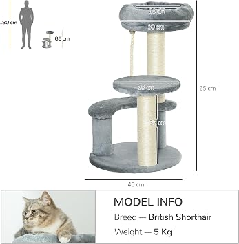 PawHut 65cm Cat Tree for Kittens with Sisal Scratching Posts Perches Grey