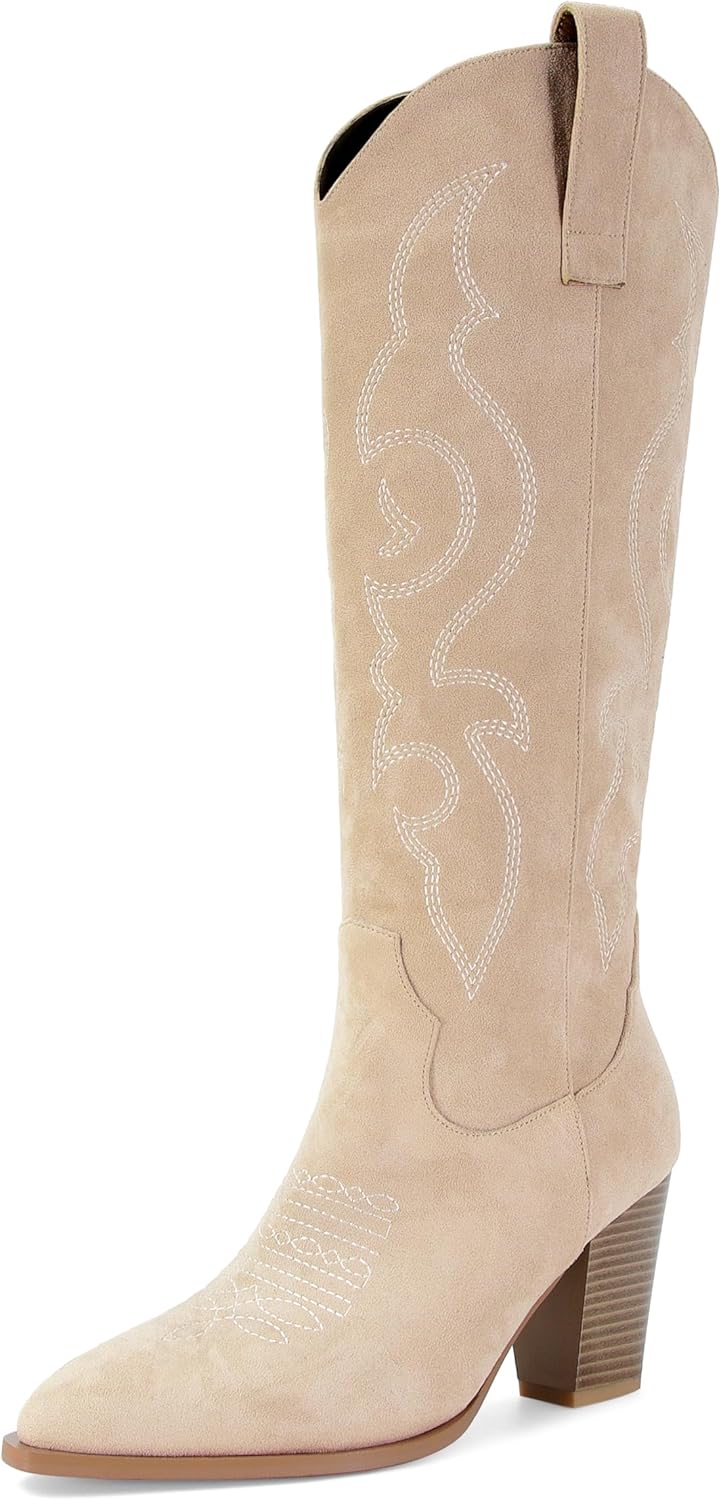 STALOV Cowboy Boots for Women Suede Embroidered Chunky Heel Knee High Pointed Toe Pull On Western Fashion Cowgirl Boot - Image 5