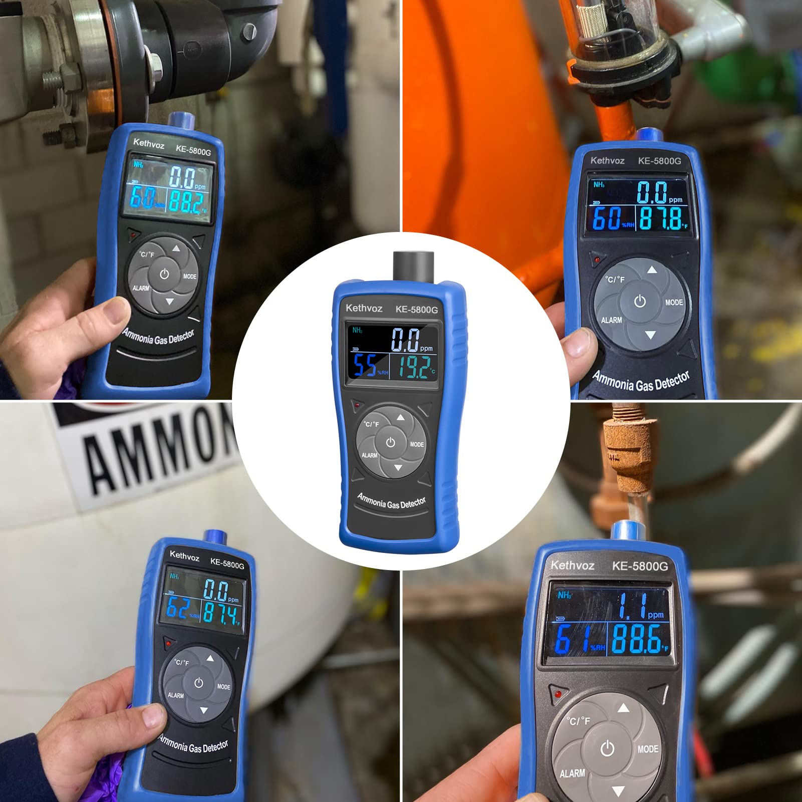 Digitaler Ammoniak Detektor Messgerät mit Alarm, Kethvoz 0~100 PPM NH3 Leckdetektor Messen Temperatur & Luftfeuchtigkeit, Professional Gasmelder für Industrie, Bauernhof, Haushalt 5800G
