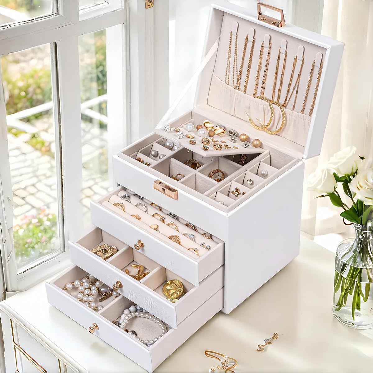 Joyero de cuero con cerradura para mujer, organizador de joyas de 4 niveles y 3 cajones, estuche de almacenamiento de tocador de gran capacidad para pendientes, anillos, collares, regalo para ella (blanco)