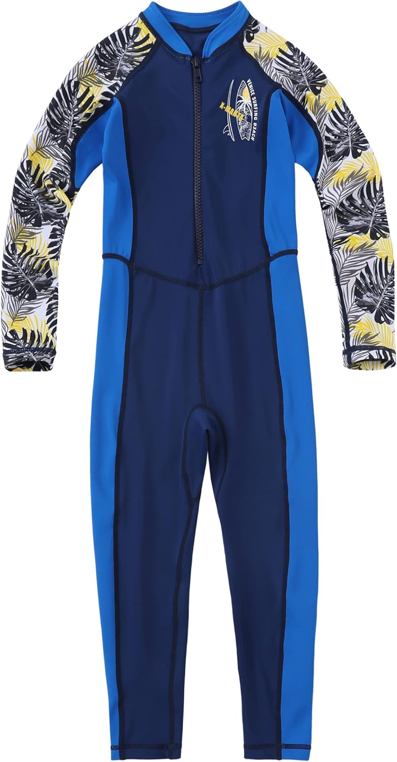 Boys Girls Full Body Swimsuit Color Block One Piece UPF 50 Long Sleeve Rash Guard for Kids