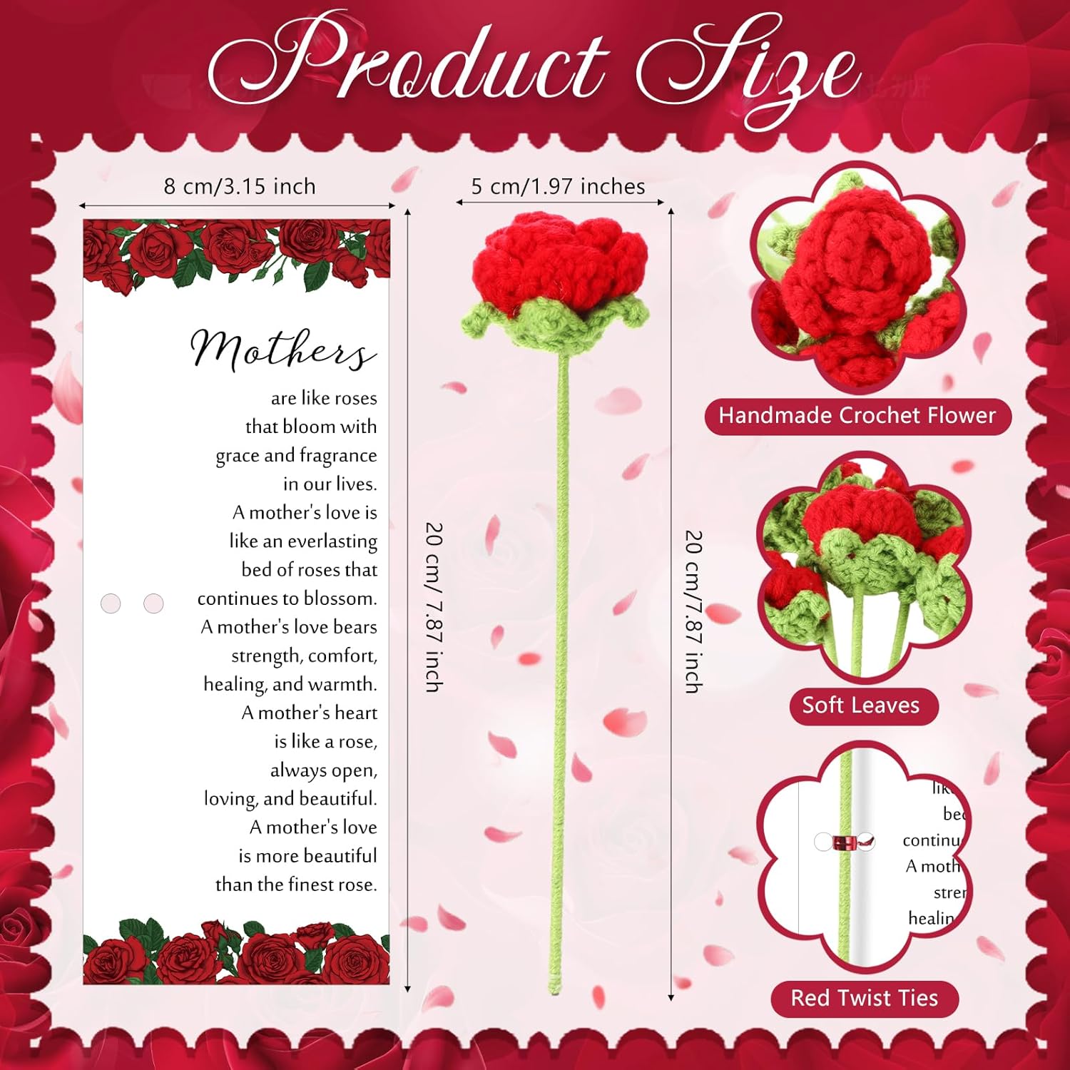 Sayglossy 30 Sets Mother's Day Crochet Rose Bulk Gifts Knitted Roses Crochet Flowers with Mother's Day Card for Church Mom Wife Women