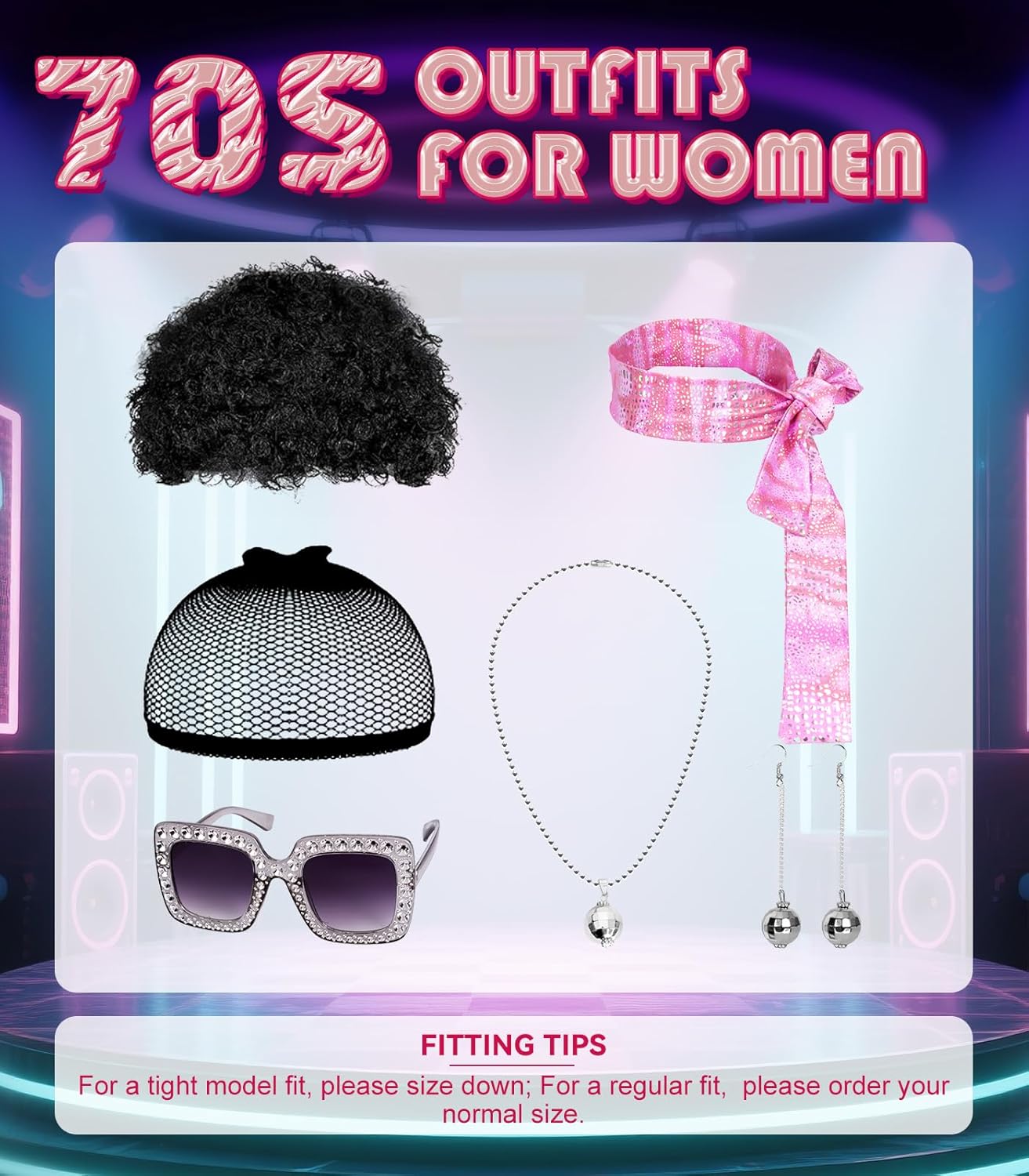 70s Disco Costume for Women - 1970s Disco Outfit with Wig, Earrings, glasses, Necklace, Headband, Sequin Top & Bell Bottoms - Image 6