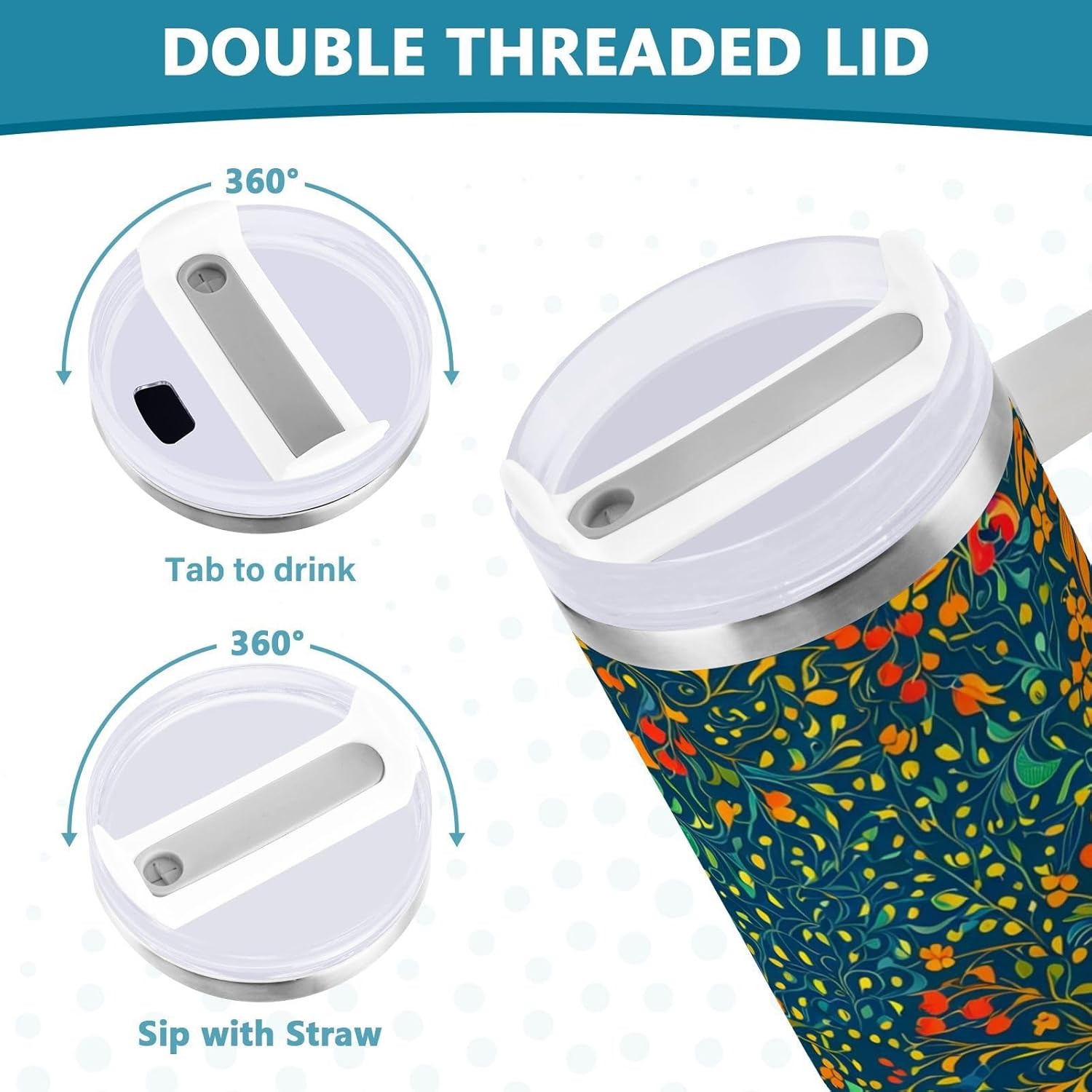 Bohemian Floral Pattern Vacuum Coldee Tumbler Leak-proof Lid and Straw Water Bottle With Strap Wide Mouth Travel Mug for Home, Office or Car