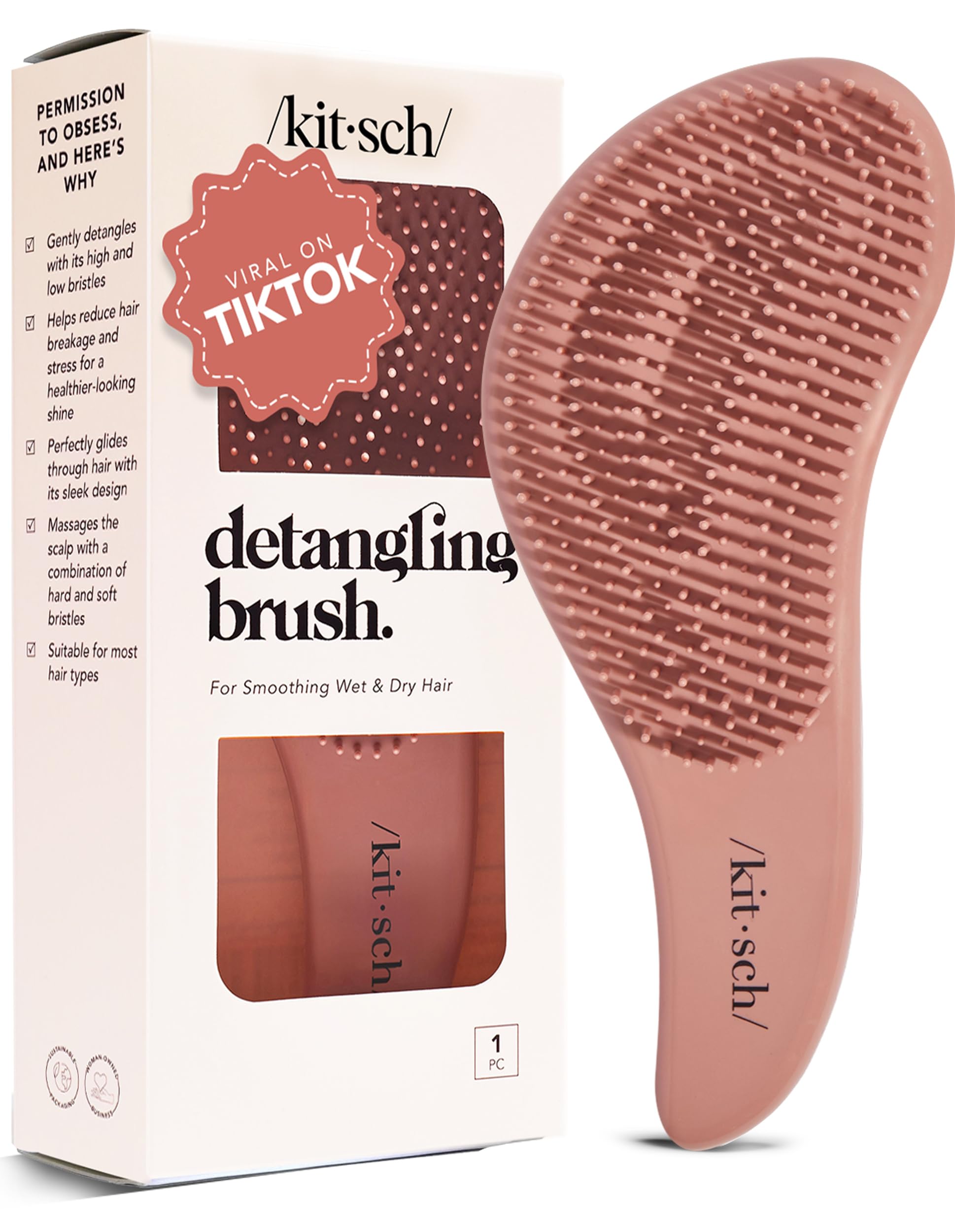 Kitsch Detangler Brush – Gentle Curly Hair Brush with Flexible Bristles for All Hair Types - Wet or Dry | Detangling Hair Brushes for Women & Men, Adults & Kids - Terracotta