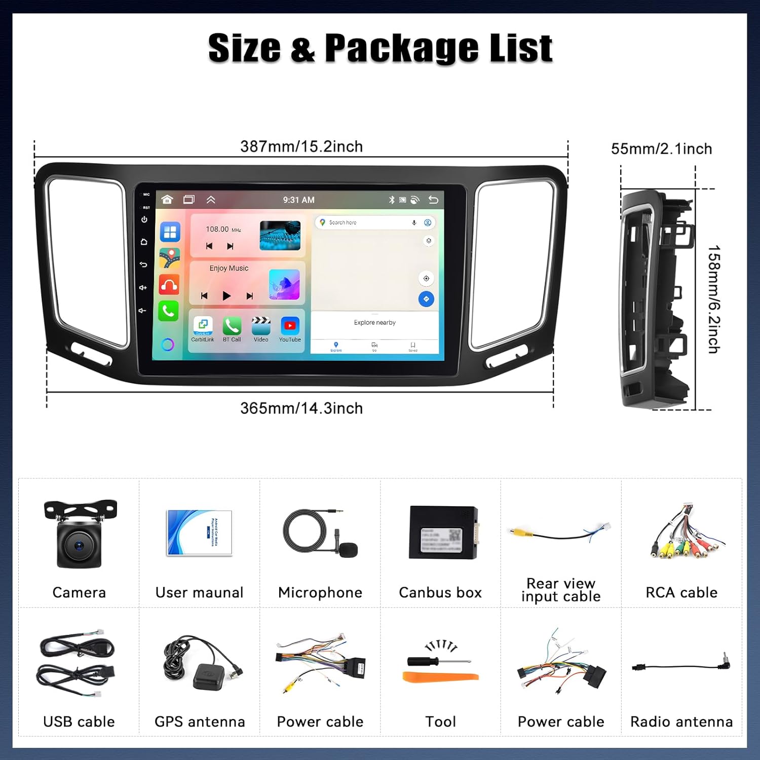 Diagram showing the dimensions of the car radio and a list of included accessories.