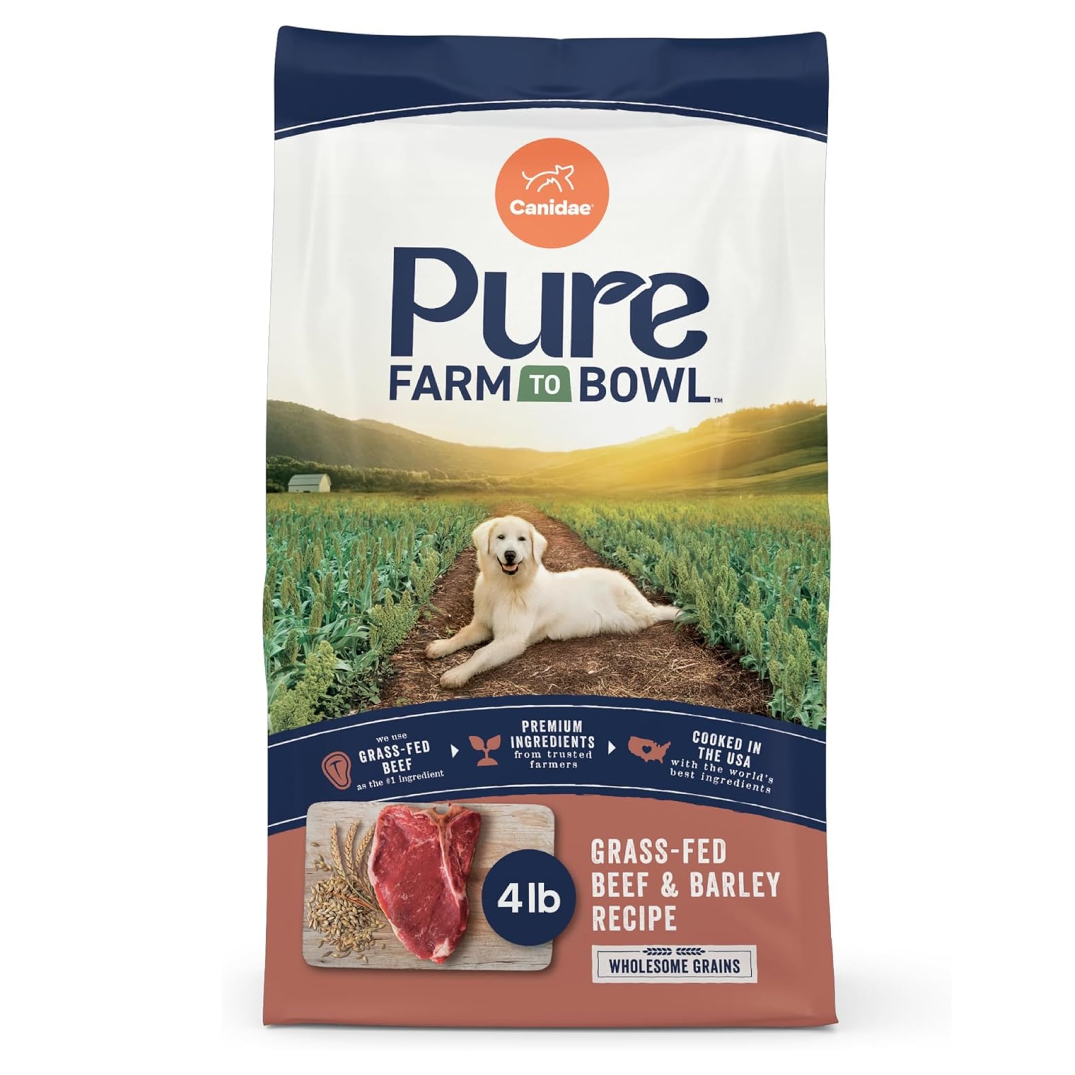 CANIDAE Pure Farm to Bowl Dog Food, Grass-Fed Beef & Barley, 4 lb | Adult Dry Dog Food with Balanced Nutrition, Protein Rich, Limited-Ingredient Formula, Wholesome Grains Recipe, Beef & Barley, 4 Pound (Pack of 1)