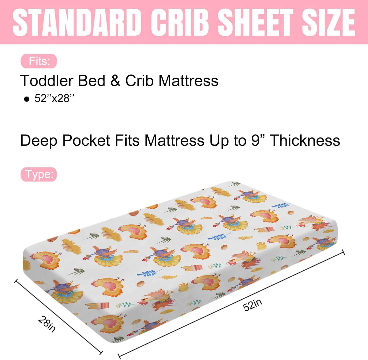 Rooster Hens Eggs Floral Leaves Baby Crib Sheets 52''x28'' Baby Farm Chicken Fitted Crib Mattress Sheet for Boy Girl Soft Nursery Bed Crib Sheets for Standard Crib Toddler Mattress